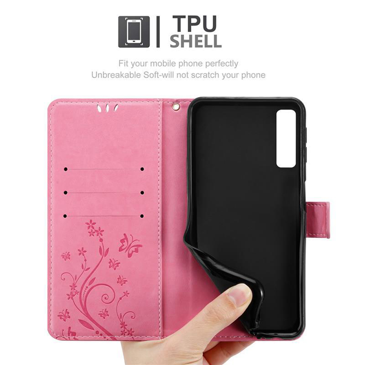 Una custodia per telefono rosa con un telefono nero all'interno. La custodia ha disegni floreali e una farfalla.