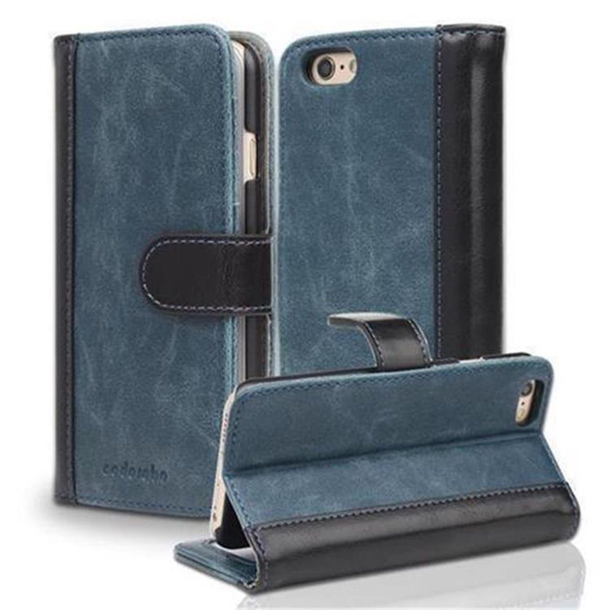 Design, 6 / im 6S, zweifarbigen CADORABO BLAU SCHWARZ Bookcover, Hülle Apple, iPhone