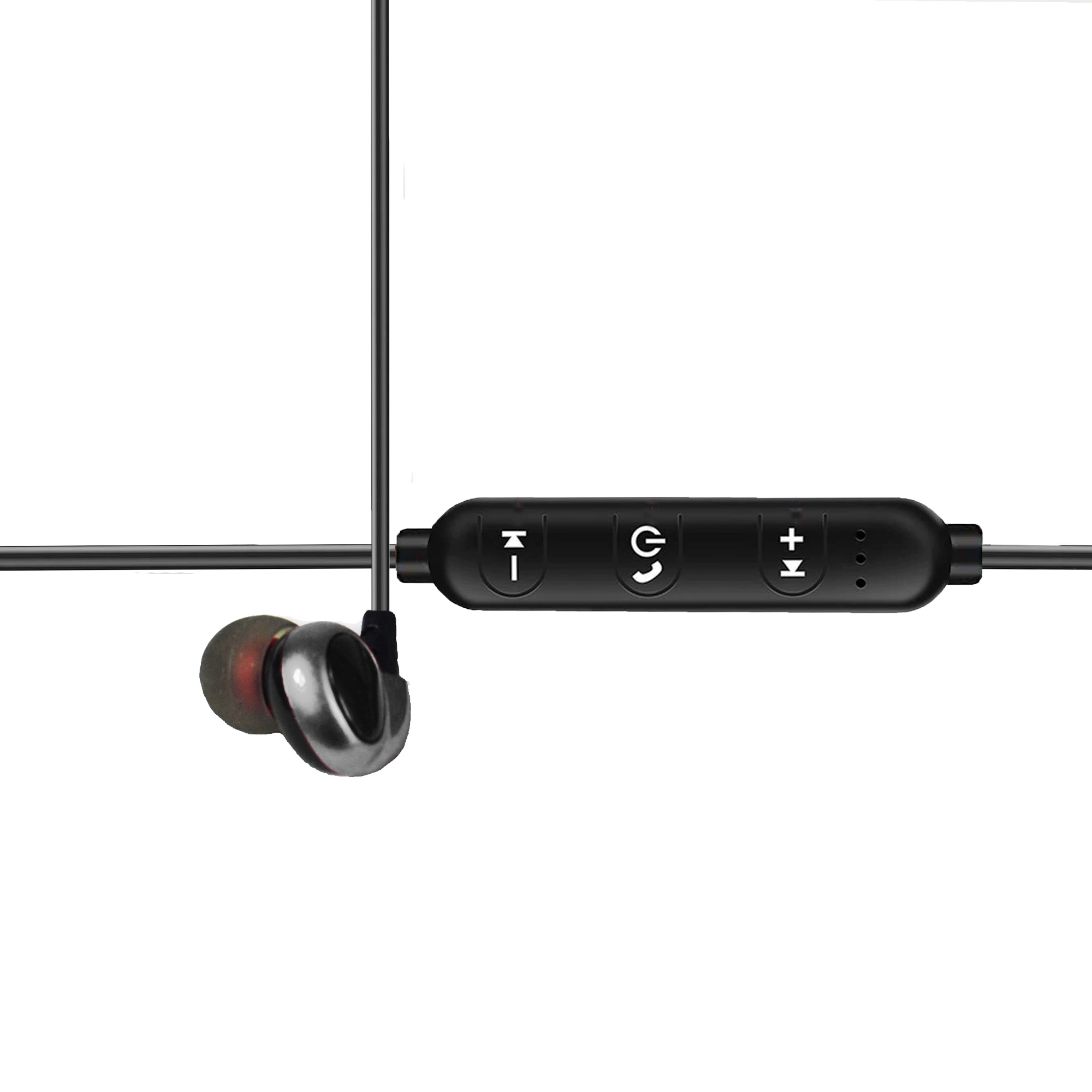 Cuffie nere con telecomando. Un auricolare è rosso, l'altro nero. Sfondo bianco.