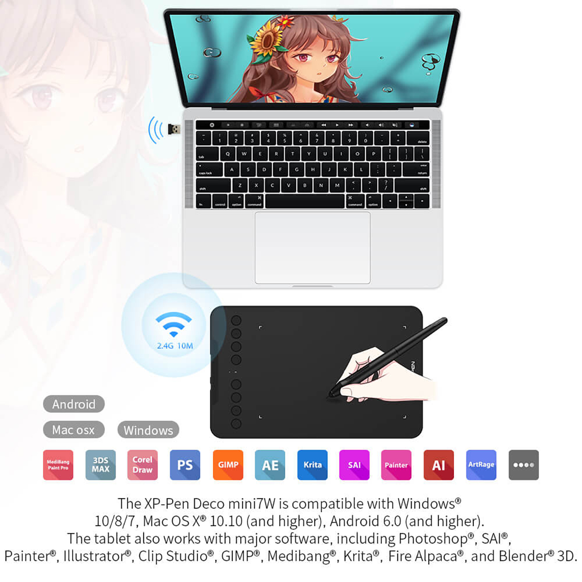 Laptop und Tablet mit Stift, drahtlose Verbindung. Text: „2.4G 10M“ und Softwarelogos.