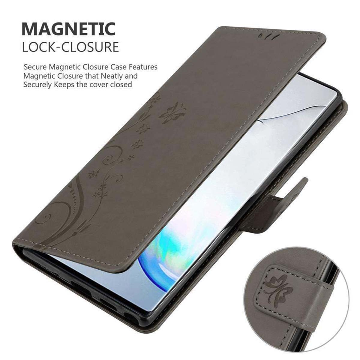 Custodia grigia per telefono con design floreale. Il telefono è dentro e ha uno schermo visibile.