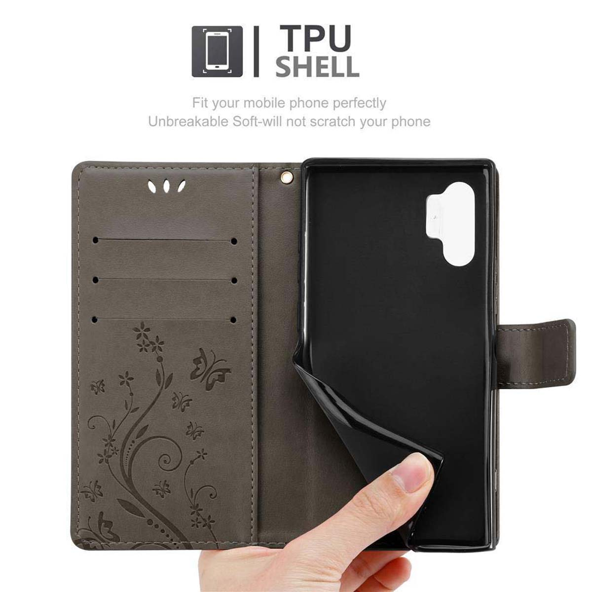 Custodia aperta con telefono dentro. Il telefono è nero e la custodia grigia con design floreale.