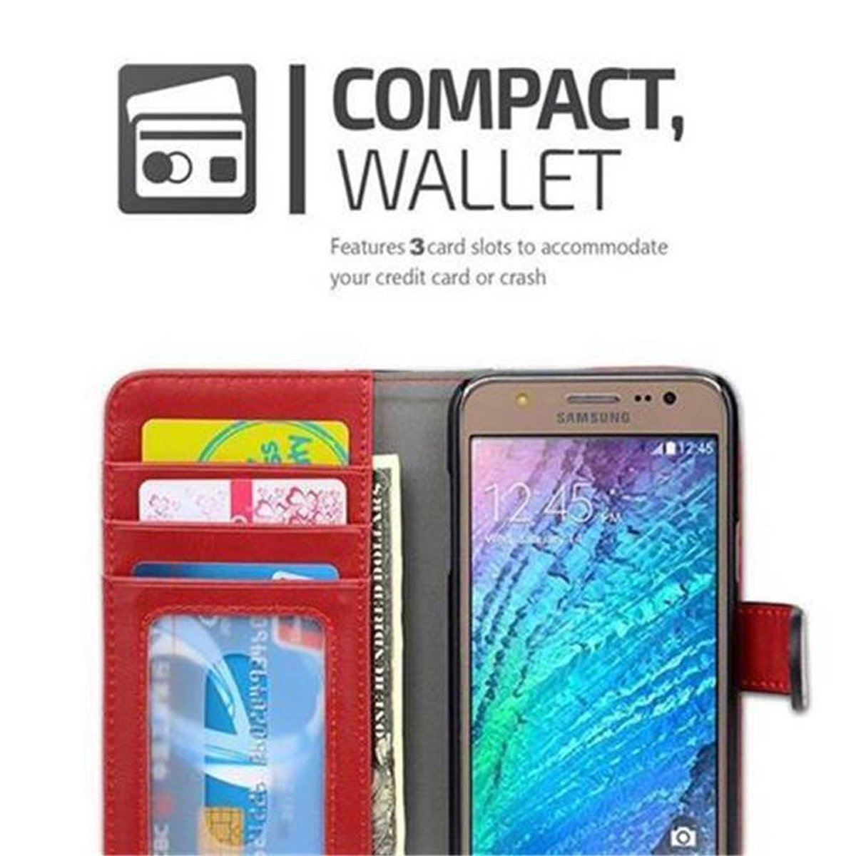 Custodia per telefono rossa aperta con carte e un telefono che mostra l'ora. Il telefono ha una fotocamera.