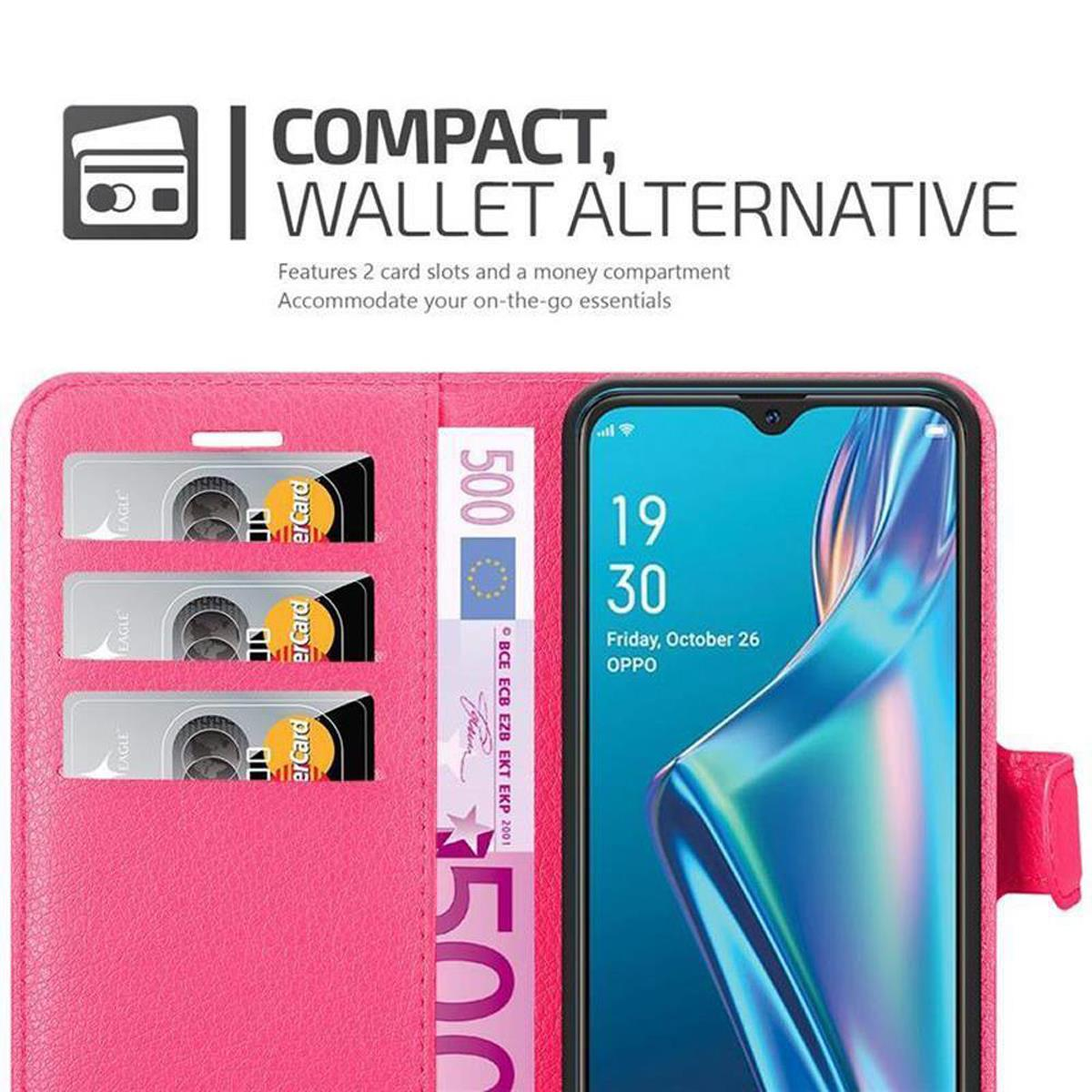 Custodia rosa per telefono con telefono, carte di credito e banconota da 500 euro. Schermo visibile.