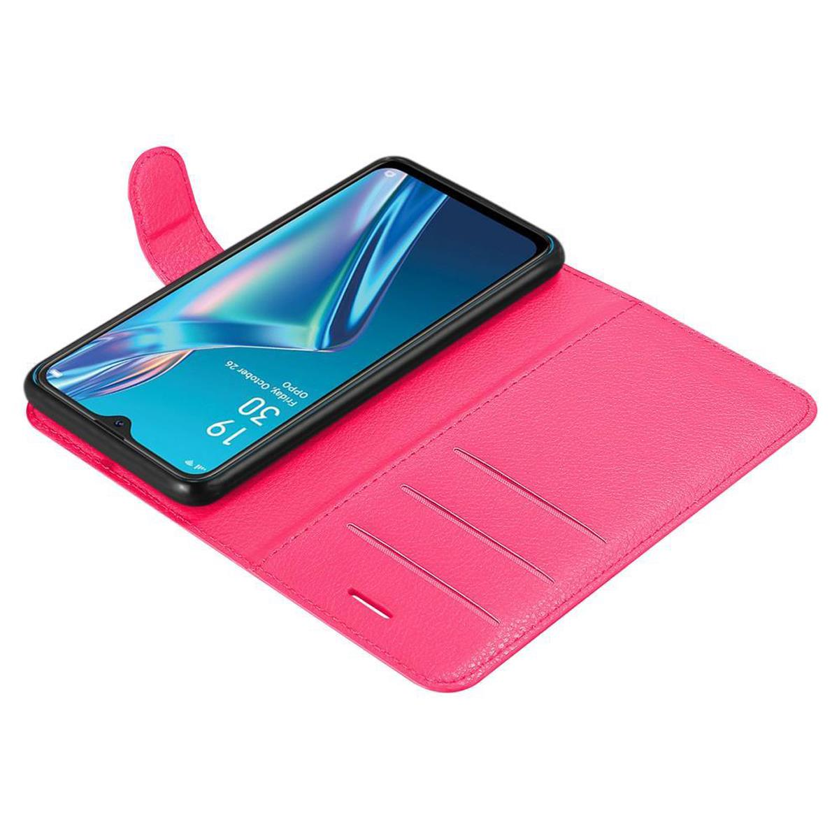 Custodia per telefono rosa aperta, che mostra un telefono con cornice nera.