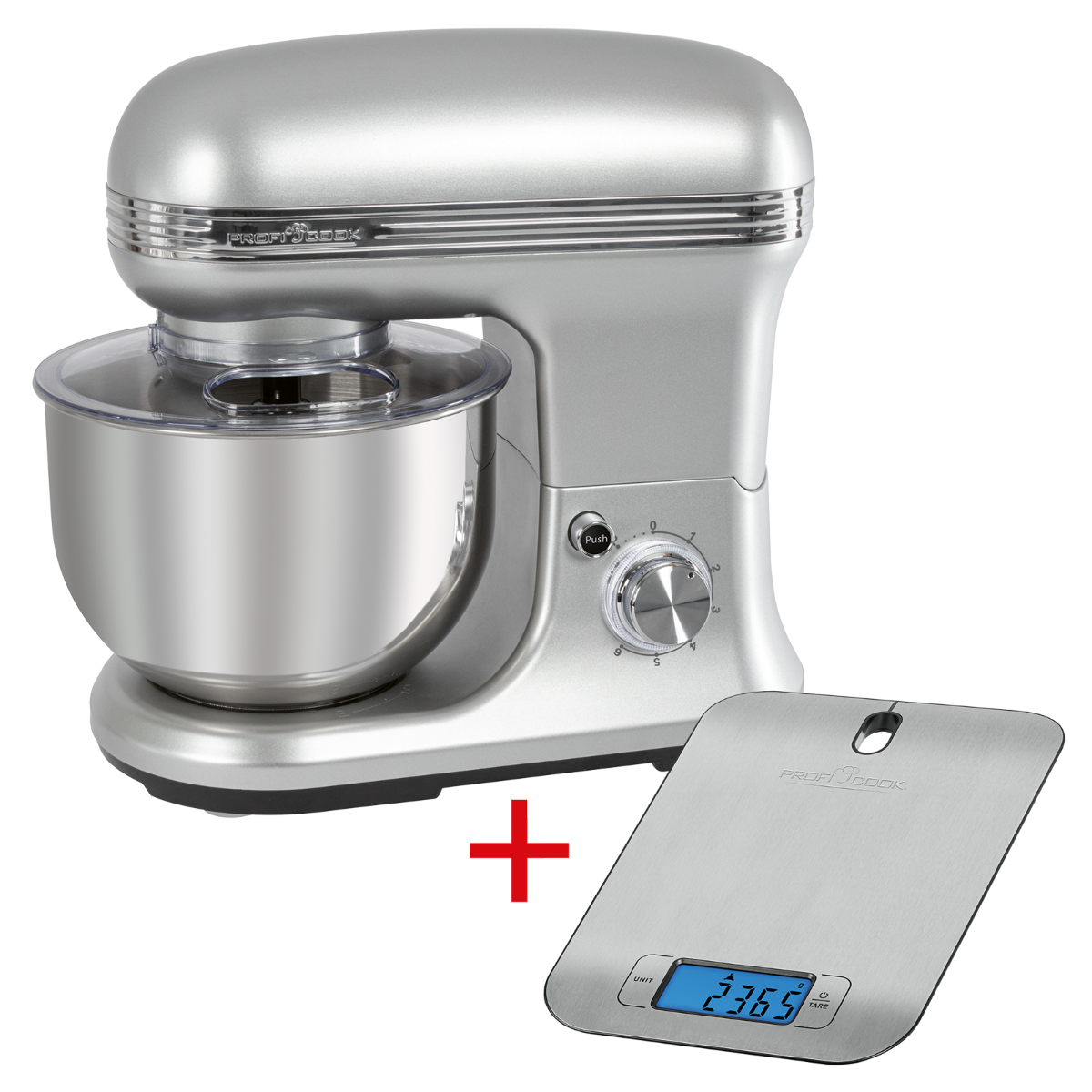 Srebrny mikser kuchenny z misą i wagą. Mikser ma pokrętło sterowania. Czerwony znak plus między nimi.