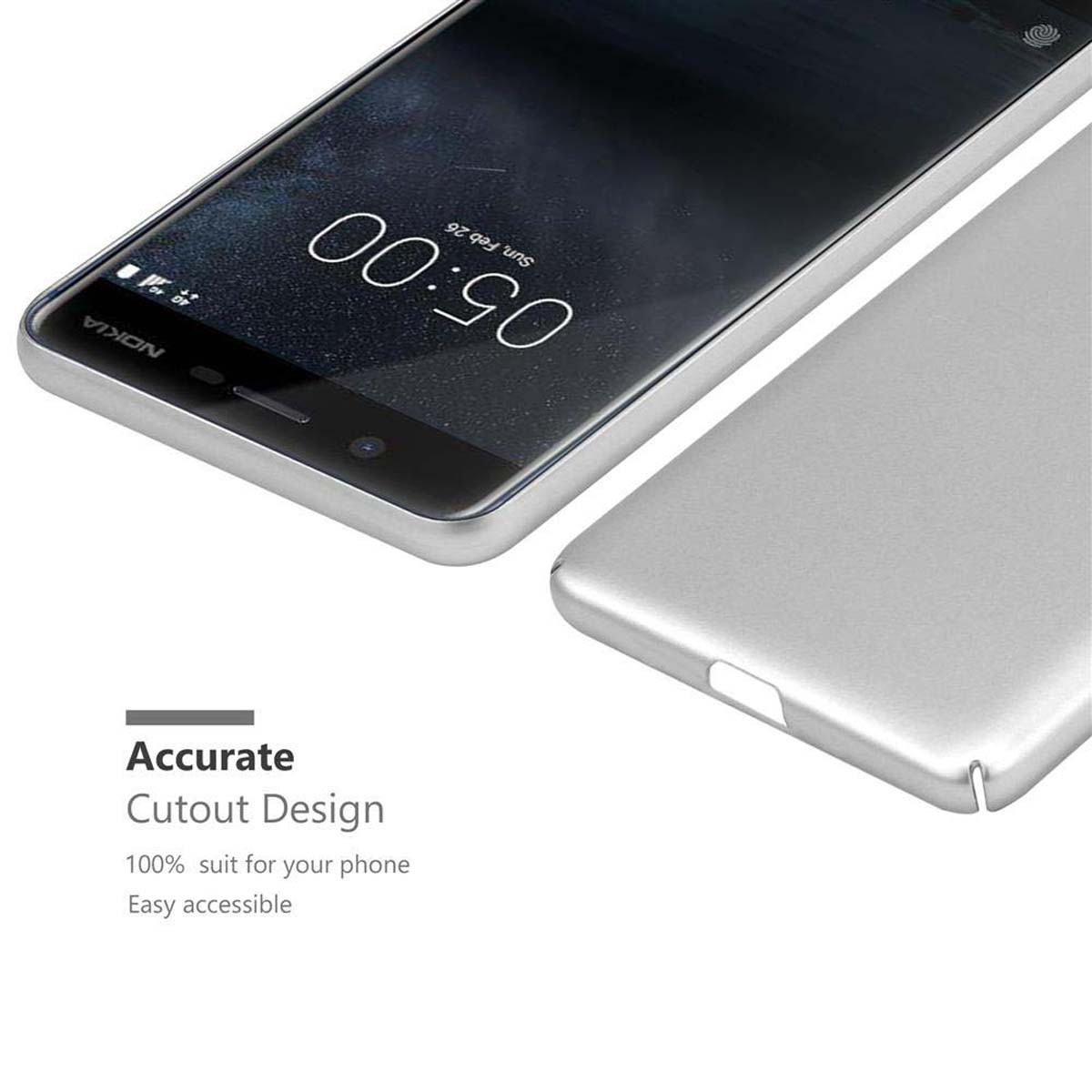 Una custodia per telefono argentata è aperta, rivelando il telefono. Il testo enfatizza il design di ritaglio accurato.