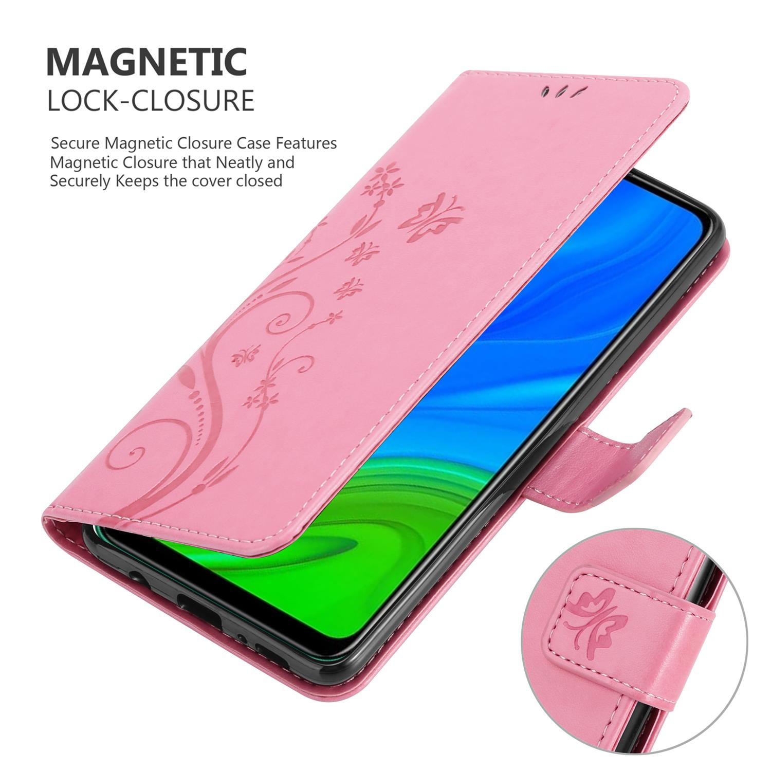 Custodia rosa con telefono dentro. Mostra design floreale e chiusura magnetica.