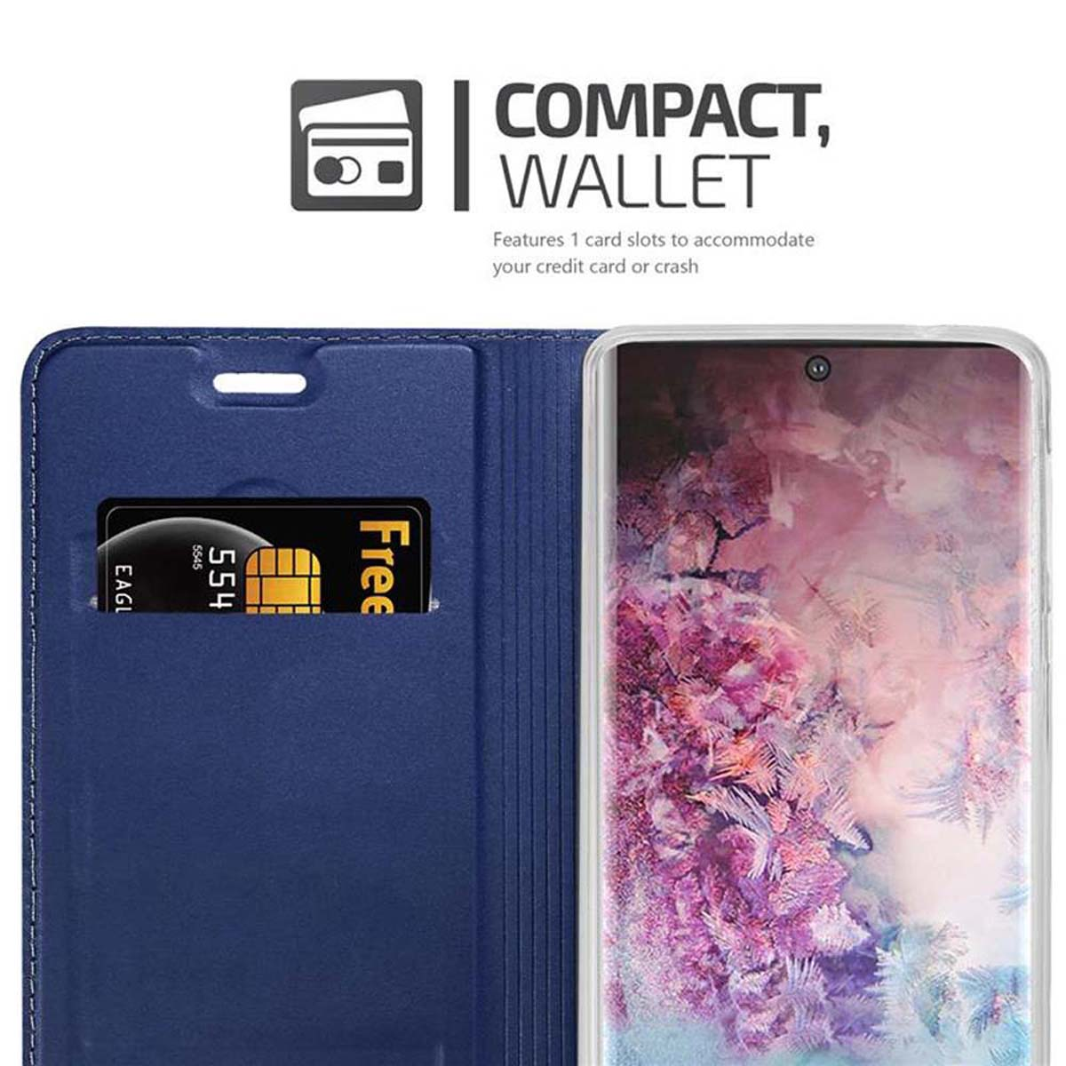 Custodia blu per telefono con fessura per carta di credito e telefono con design galassia rosa.
