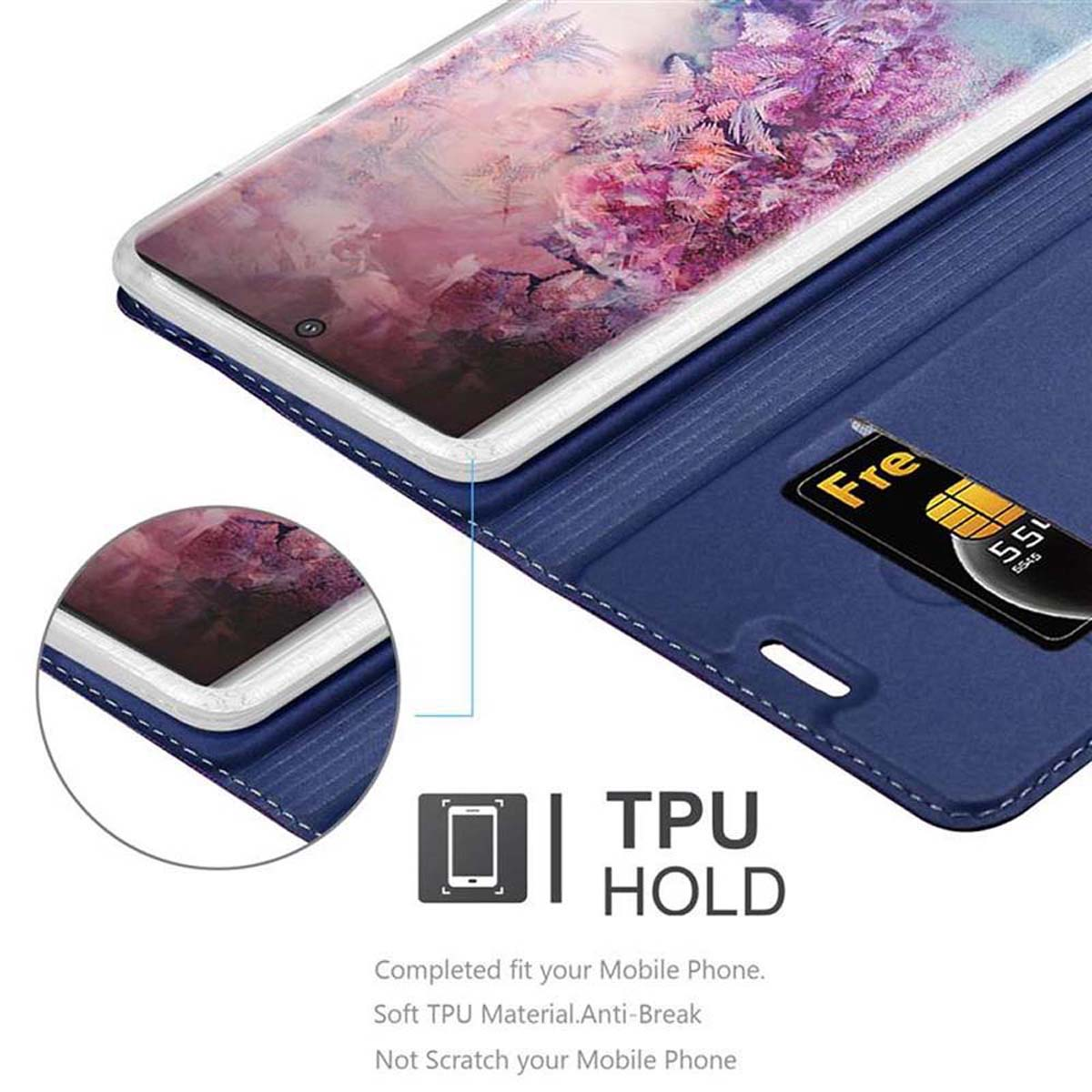Custodia blu aperta, con un telefono all'interno. Una carta è nella custodia, con il nome Fre.