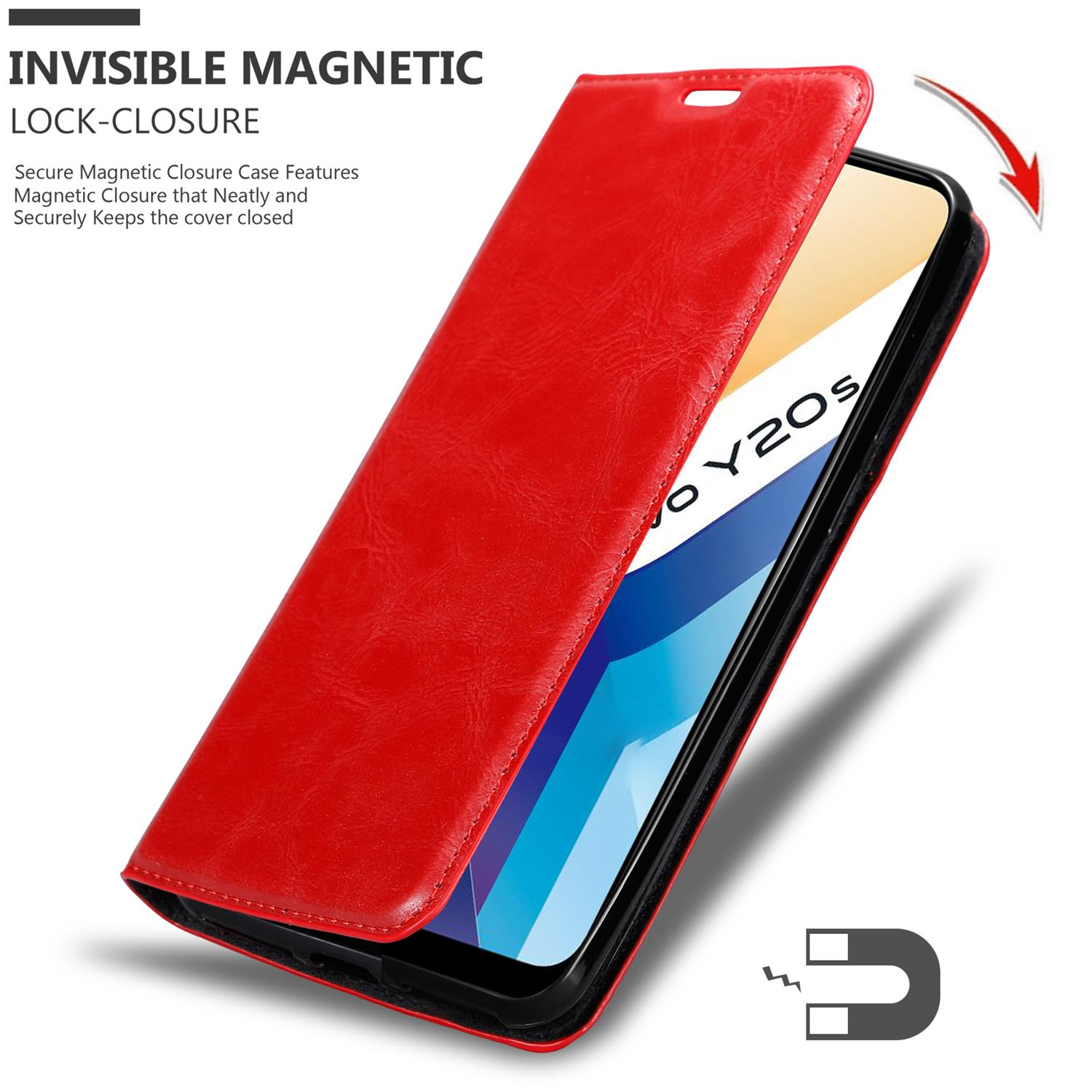 Rote Handyhülle, offen, mit Telefon. Text: 'INVISIBLE MAGNETIC LOCK-CLOSURE'. Telefon sichtbar.