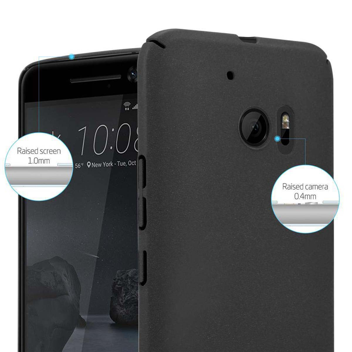 Ein schwarzes Telefon steht neben einer schwarzen Hülle. Der Bildschirm ist eingeschaltet und zeigt die Uhrzeit. Die Hülle hat einen erhöhten Bildschirm und eine Kamera.