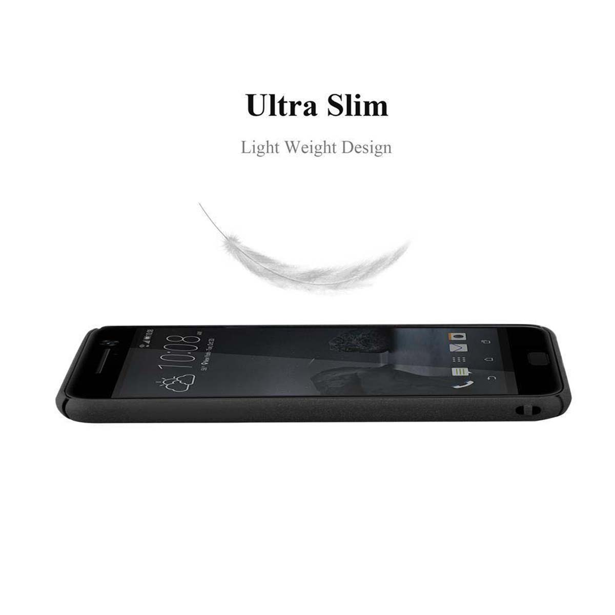 Schwarze Handyhülle. Telefon ist sichtbar, zeigt die Uhrzeit. Text: Ultra Slim, Light Weight Design.