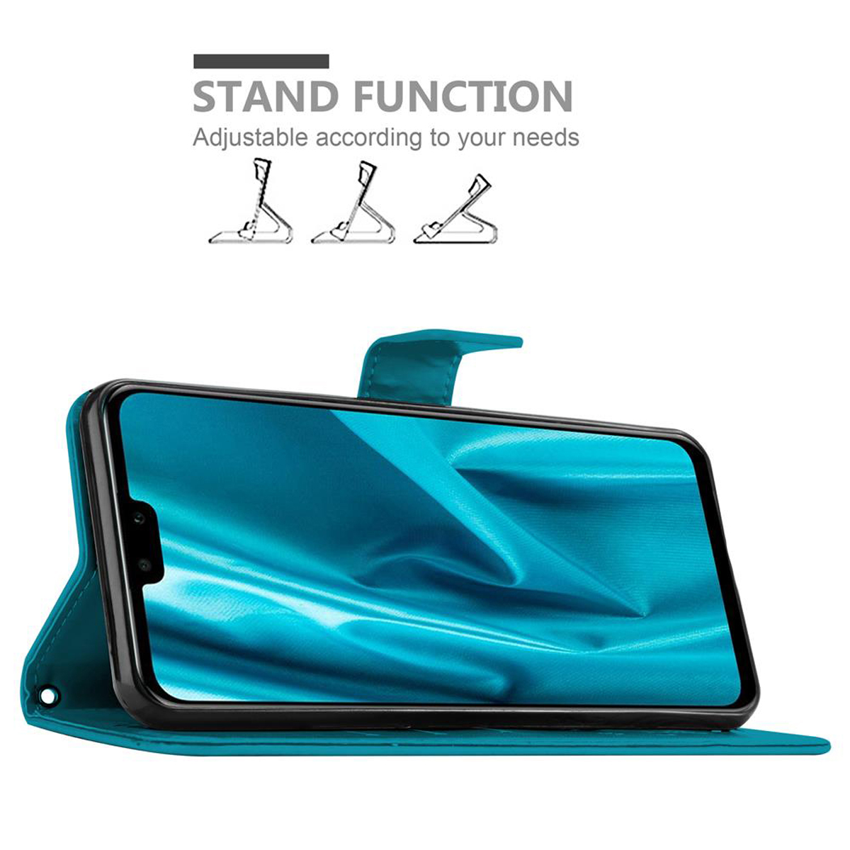 Funda de teléfono turquesa con teléfono que muestra una imagen abstracta azul. Texto: Función de soporte. Ajustable.