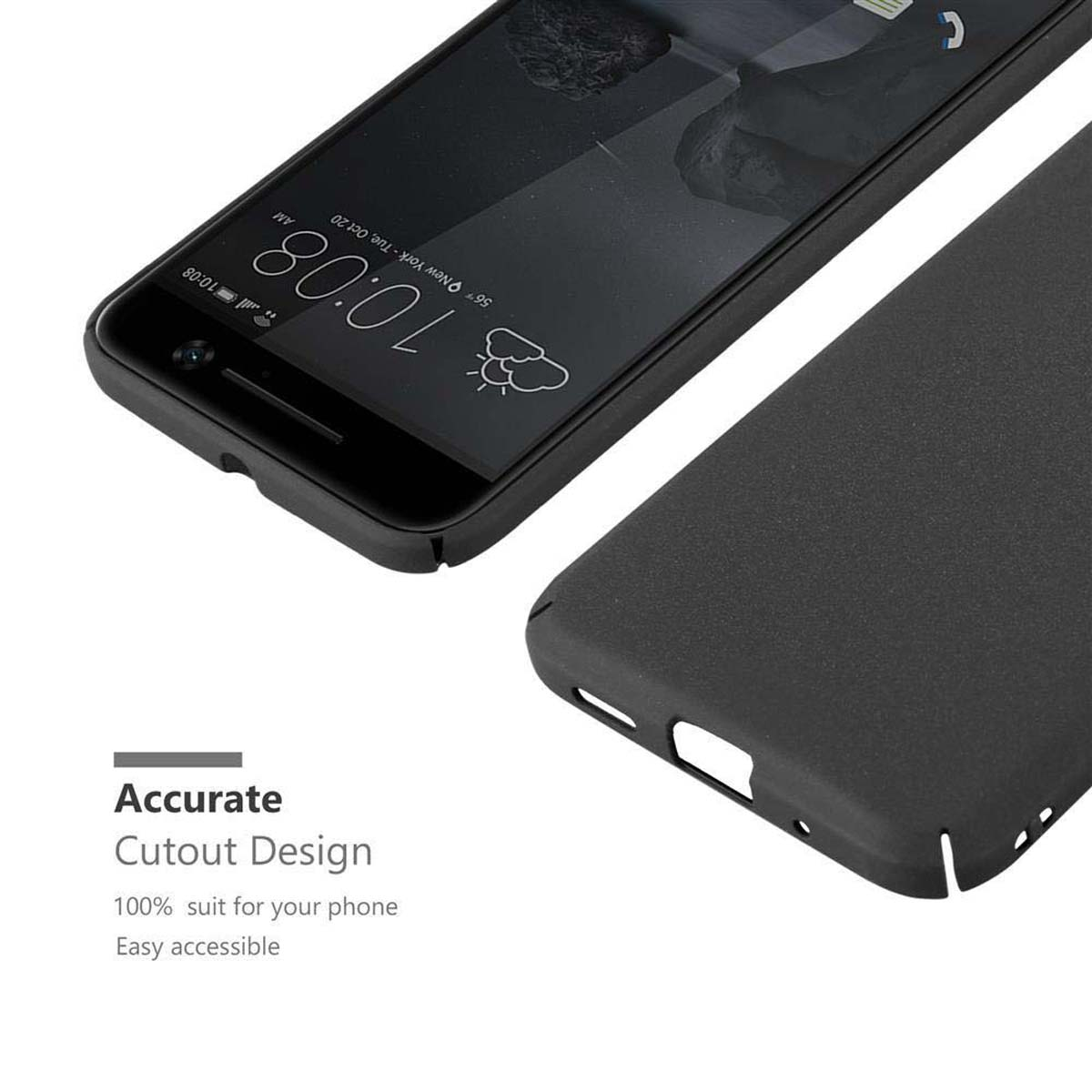Schwarzes Telefon mit schwarzem Case. Der Bildschirm des Telefons ist sichtbar. Text: Accurate Cutout Design. Easy accessible.
