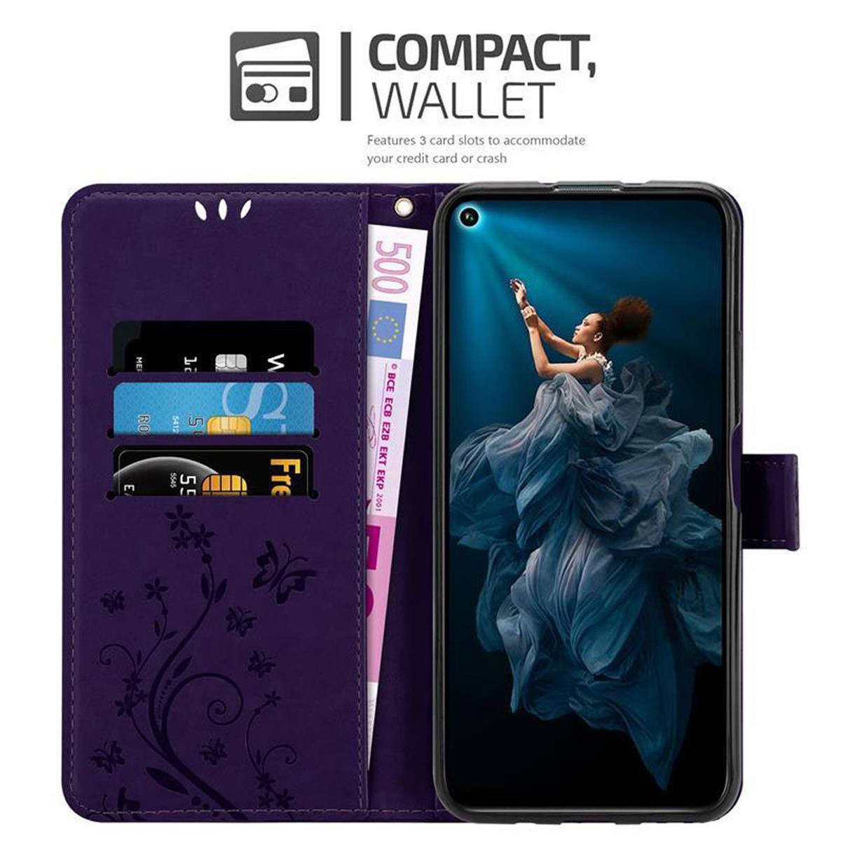Custodia a portafoglio viola aperta, che mostra telefono e carte. Testo: Portafoglio compatto. Scomparti per carte e banconota da 500€.