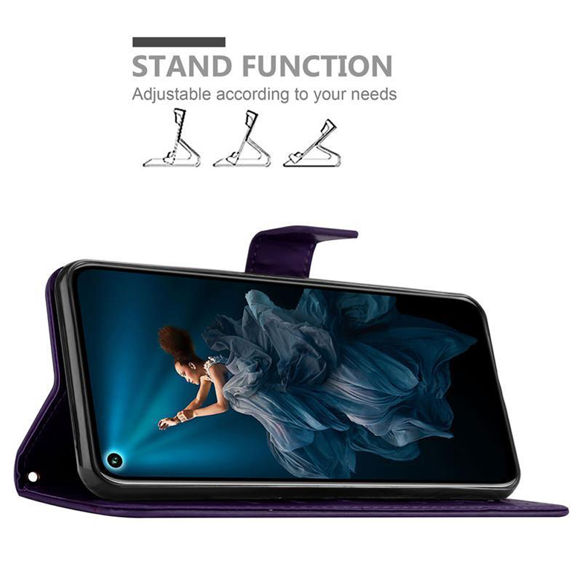 Un telefono in una custodia viola è appoggiato. Testo: Funzione supporto, Regolabile in base alle tue esigenze.
