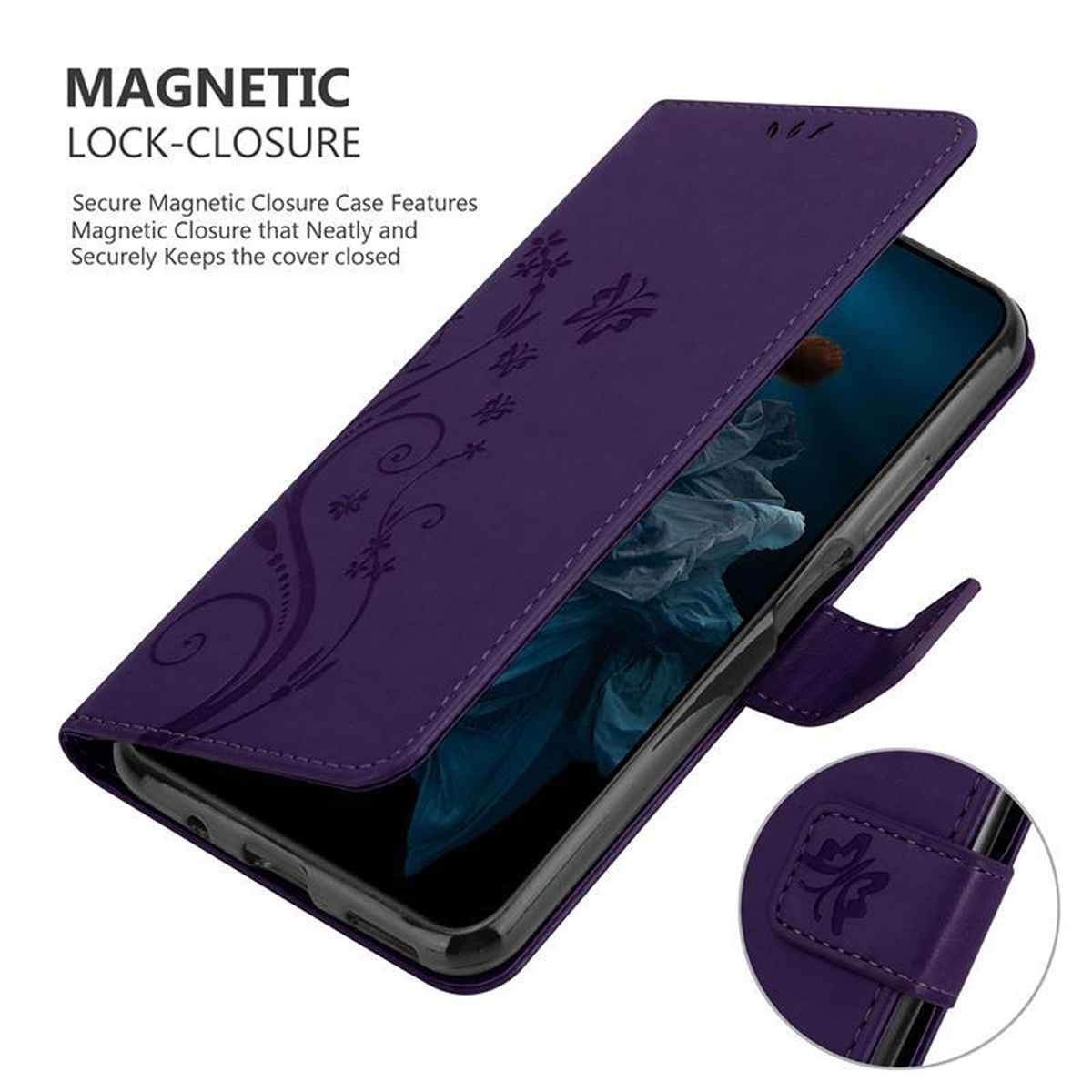 Una custodia per telefono con esterno viola e un design floreale. La custodia è aperta con un telefono all'interno.