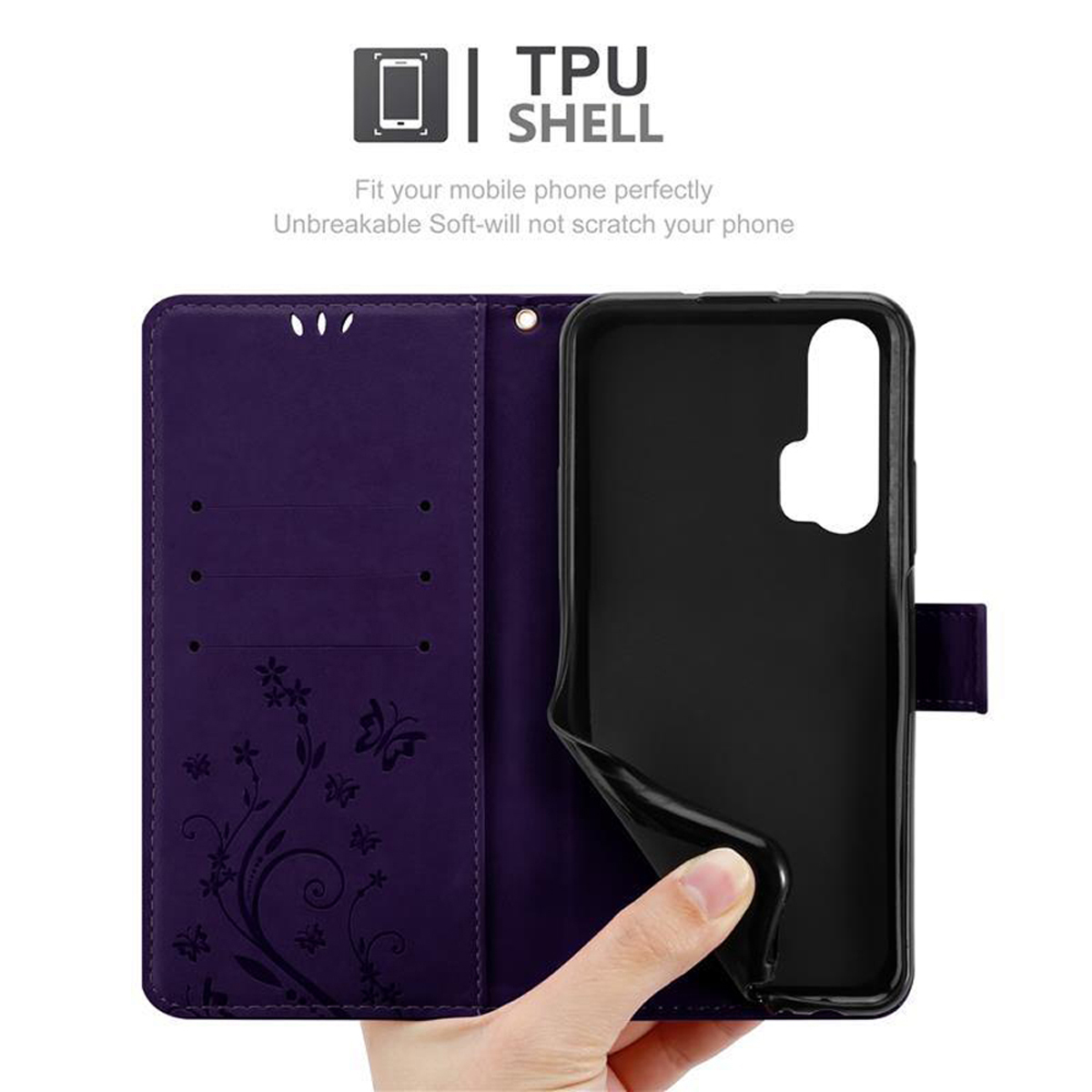 Custodia per telefono viola con telefono all'interno. Il testo indica una scocca in TPU.