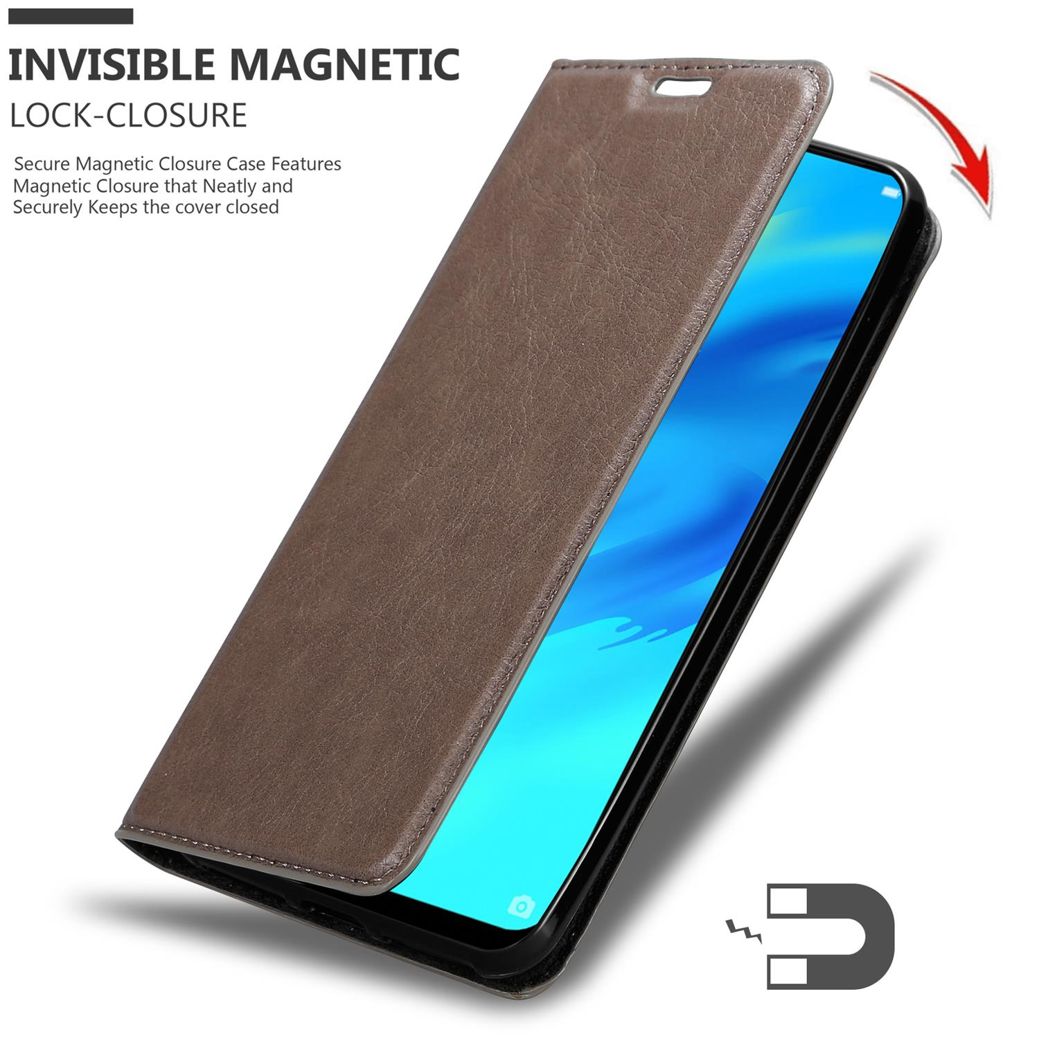 Eine braune Handyhülle ist geöffnet und gibt ein Telefon frei. Ein Pfeil und ein Magnet-Symbol werden gezeigt.