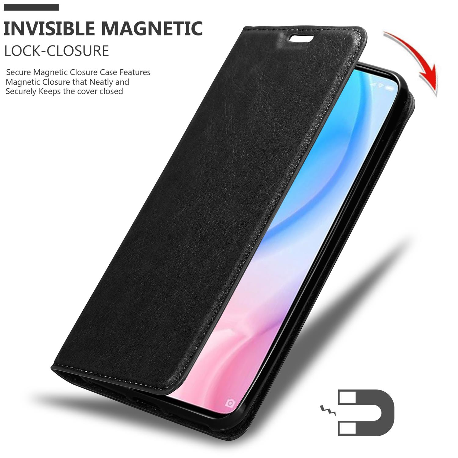 Una custodia per telefono nera è aperta. Il testo recita CHIUSURA MAGNETICA INVISIBILE.