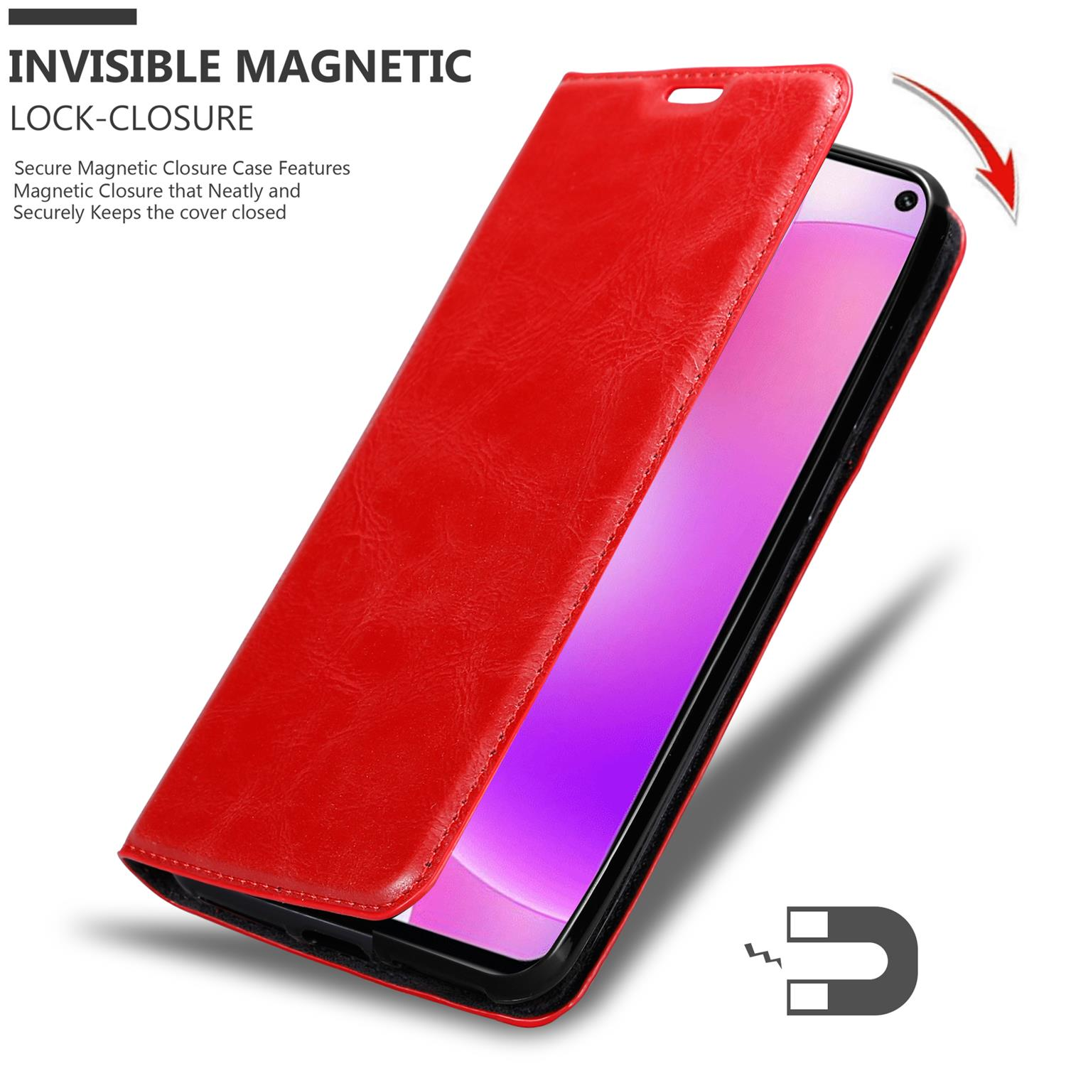 Custodia rossa per telefono, aperta, che mostra un telefono. Testo: Chiusura magnetica invisibile.