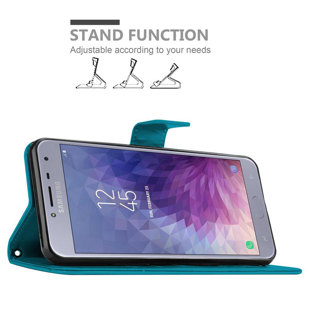 Telefono in una custodia verde acqua, con funzione stand. Testo: Funzione stand.