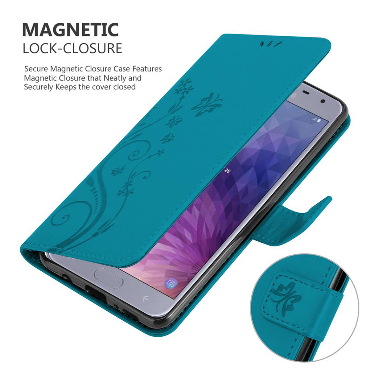 Custodia per telefono turchese, aperta, con design floreale. Il telefono è nella custodia. Chiusura magnetica.