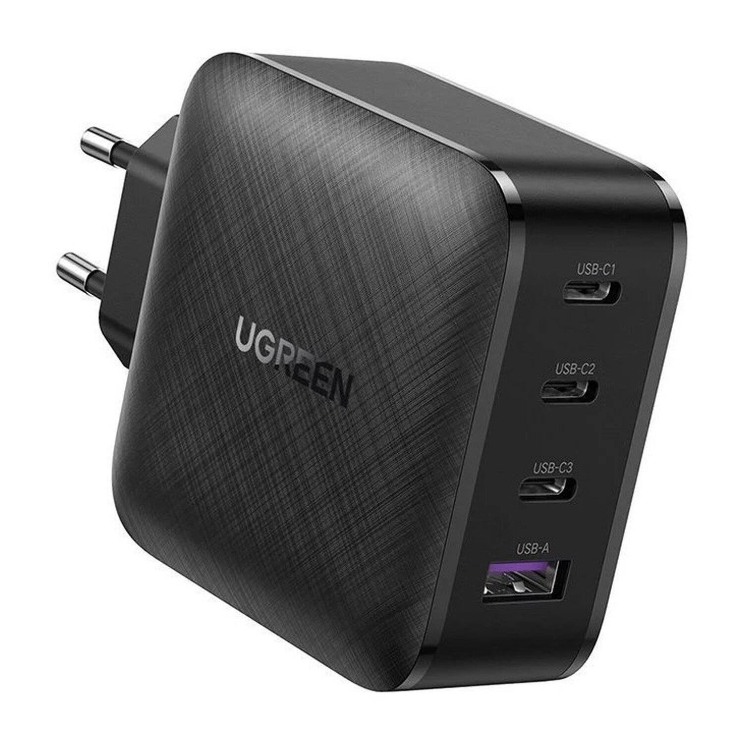 Schwarzes UGREEN-Ladegerät mit mehreren USB-Anschlüssen. Es hat eine strukturierte Oberfläche.