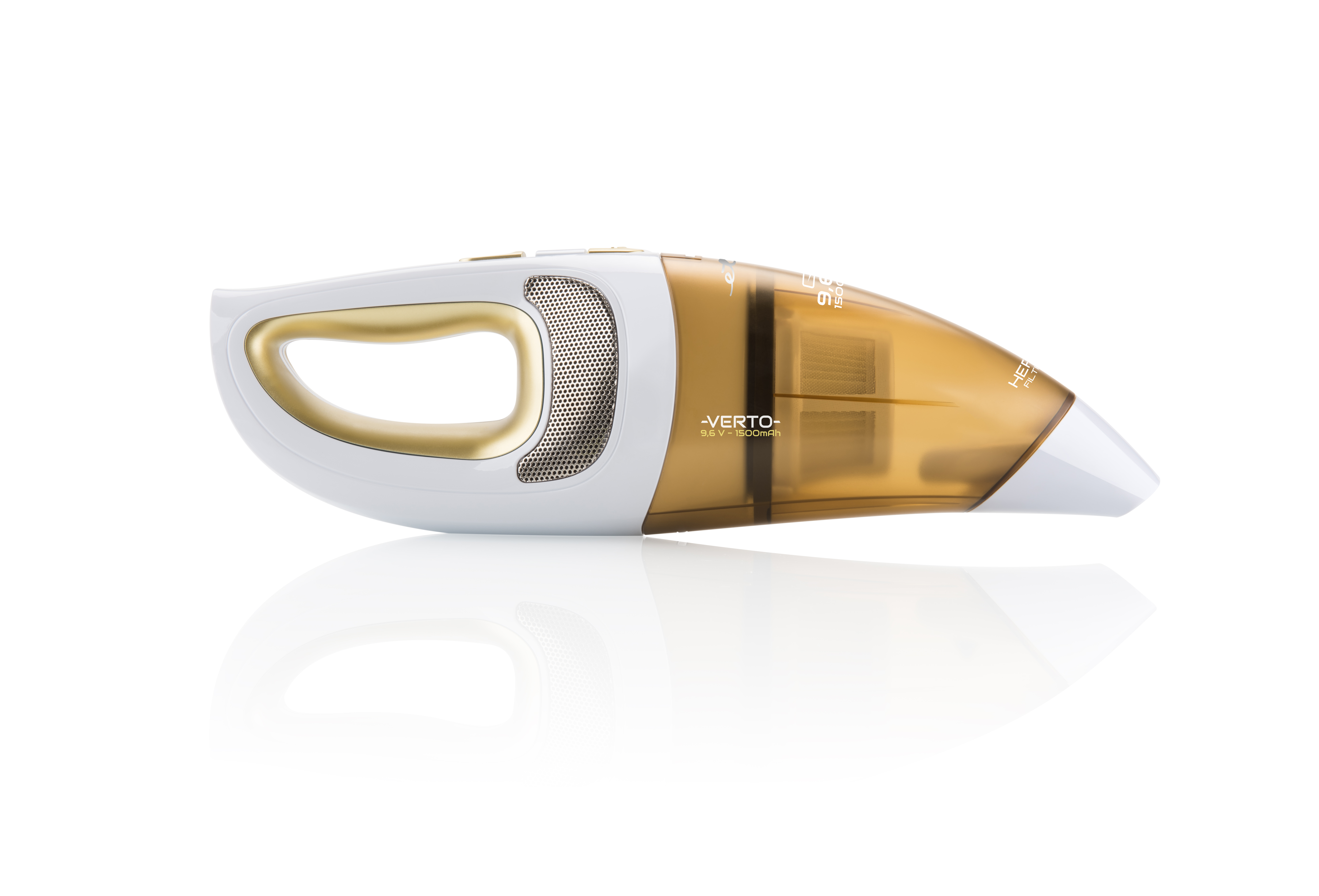 Handstaubsauger, weißes Gehäuse mit goldenem Griff und transparentem Staubbehälter.