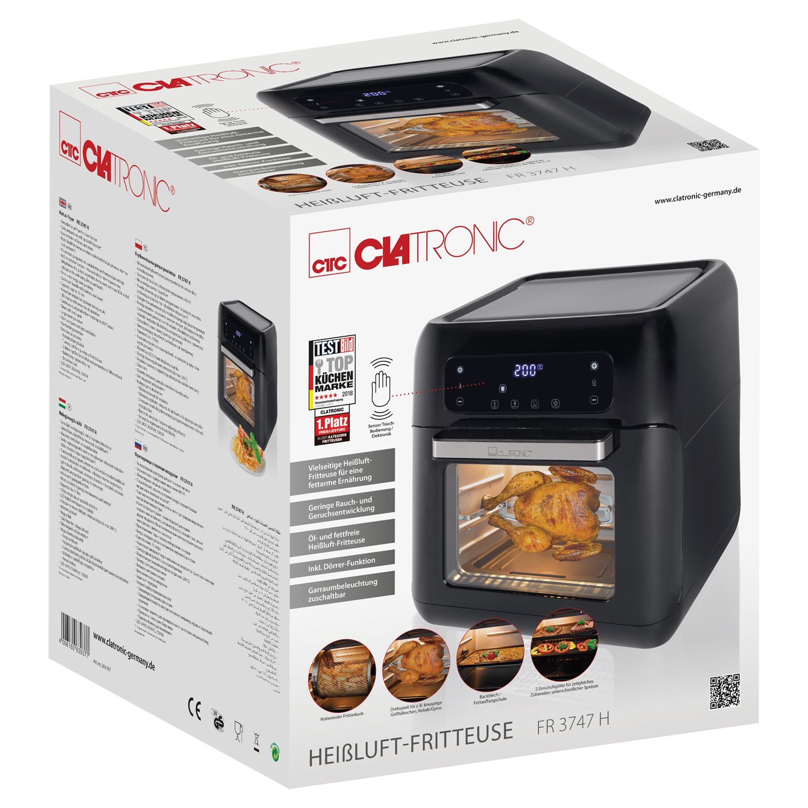 Schwarze Heißluftfritteuse im Karton. Die Box hat Text, Bilder und eine Draufsicht auf die Fritteuse.