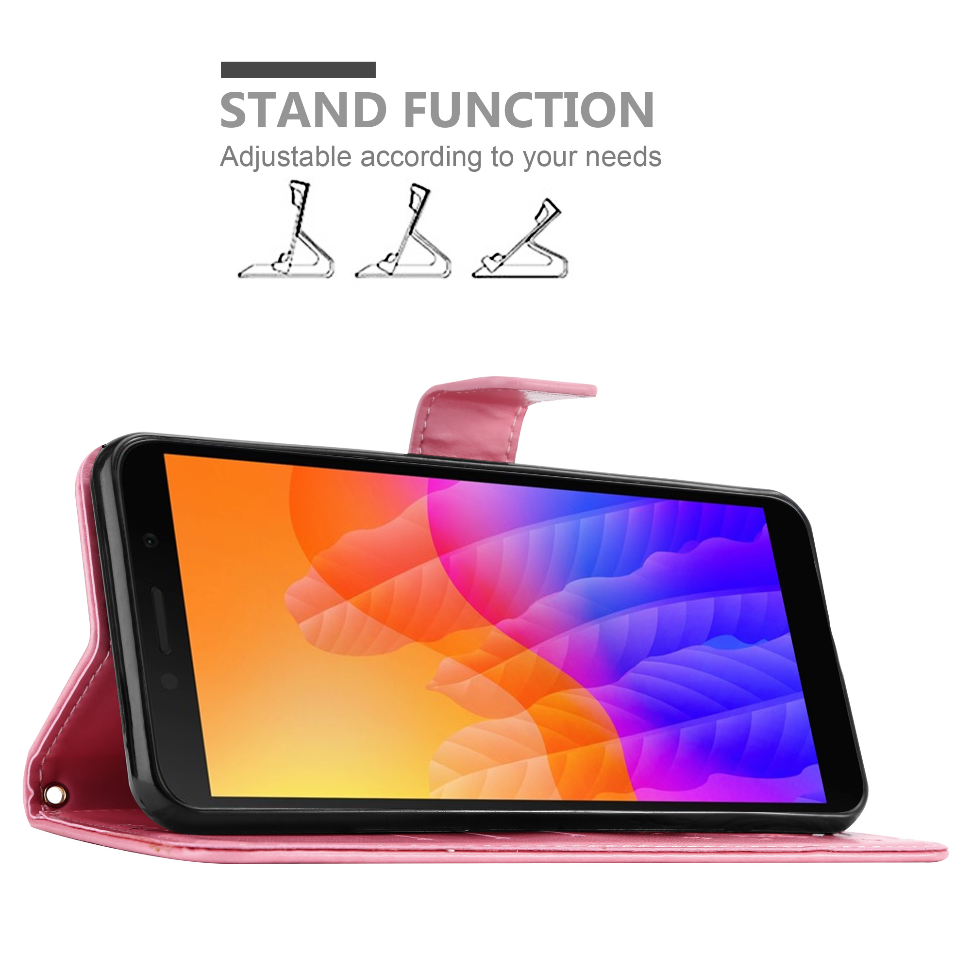 Custodia rosa per telefono aperta con telefono all'interno, che mostra uno schermo colorato. Funzione supporto mostrata, con diagrammi.