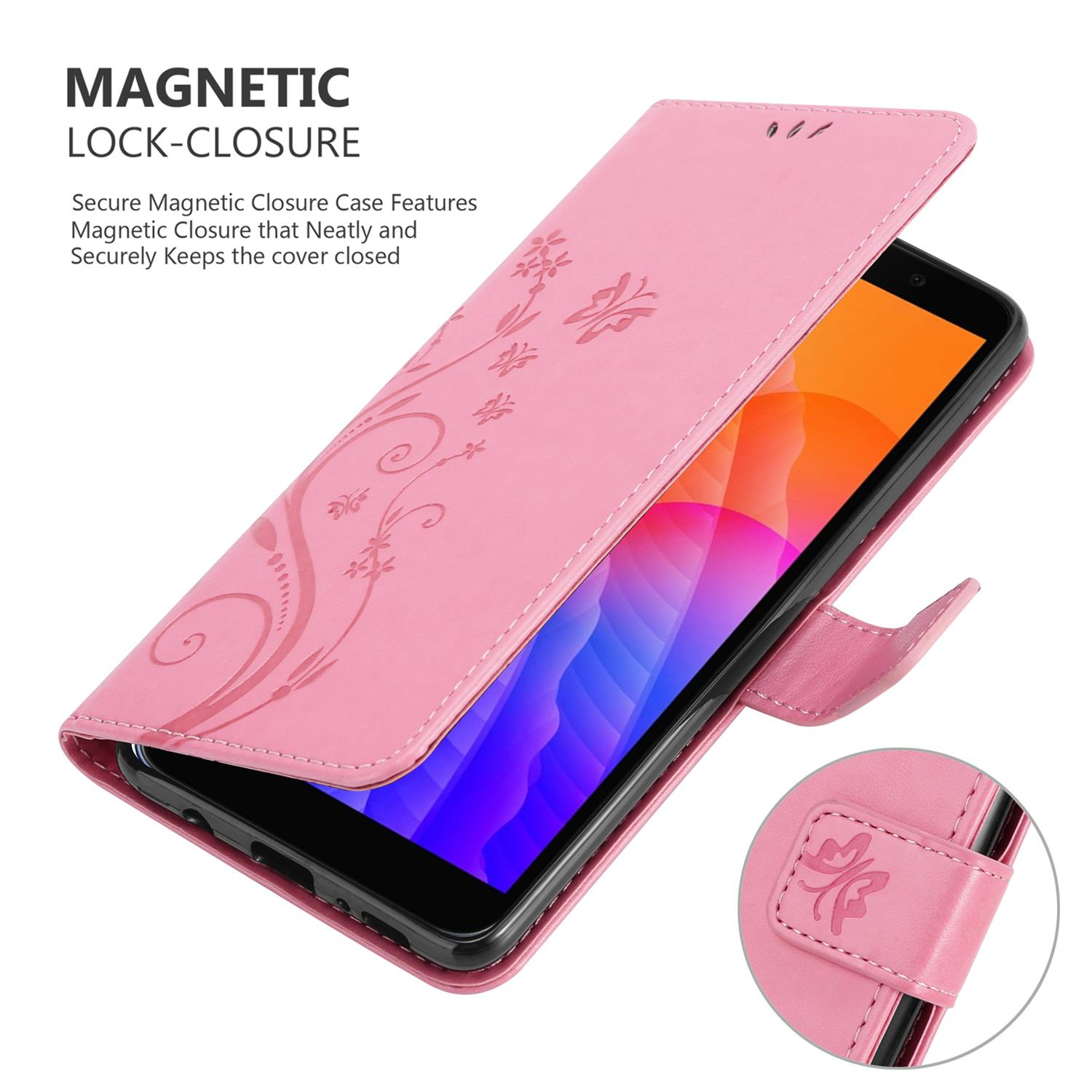 Custodia rosa con disegno floreale, aperta. Schermo del telefono visibile. Chiusura magnetica.