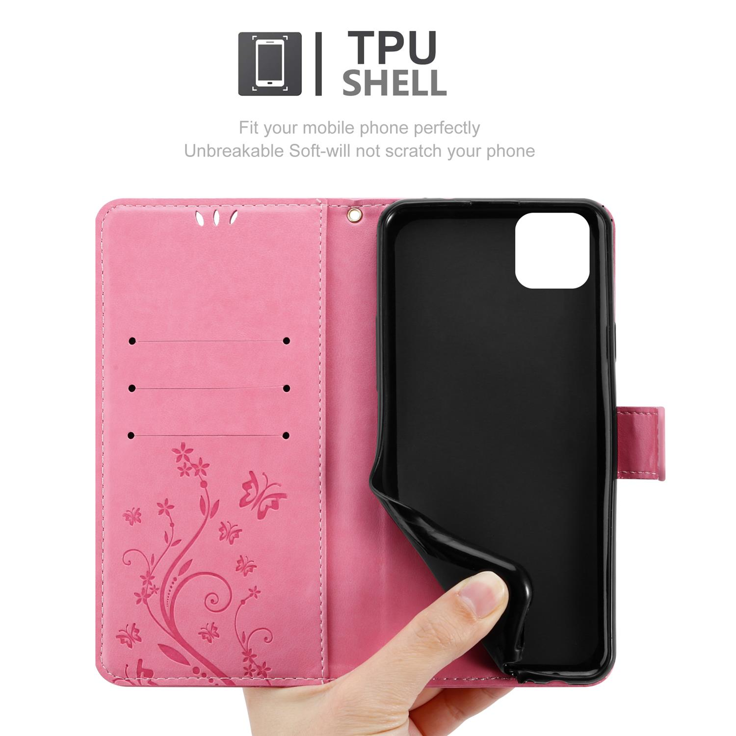Custodia per telefono rosa, aperta, con un telefono all'interno. Il telefono è tenuto con una mano.