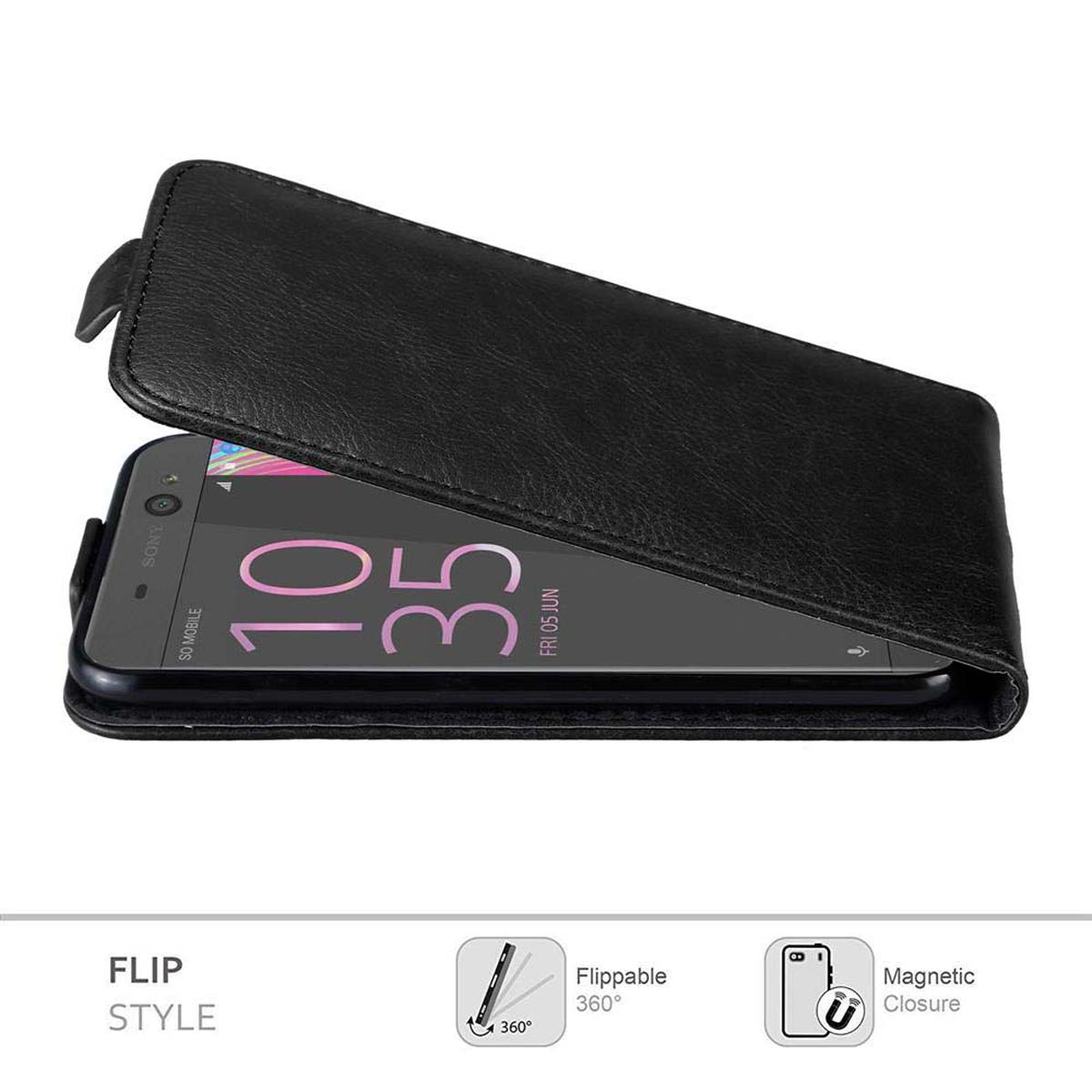 Custodia nera per telefono aperta con un telefono all'interno. Lo schermo mostra l'ora. La custodia ha uno stile a flip.