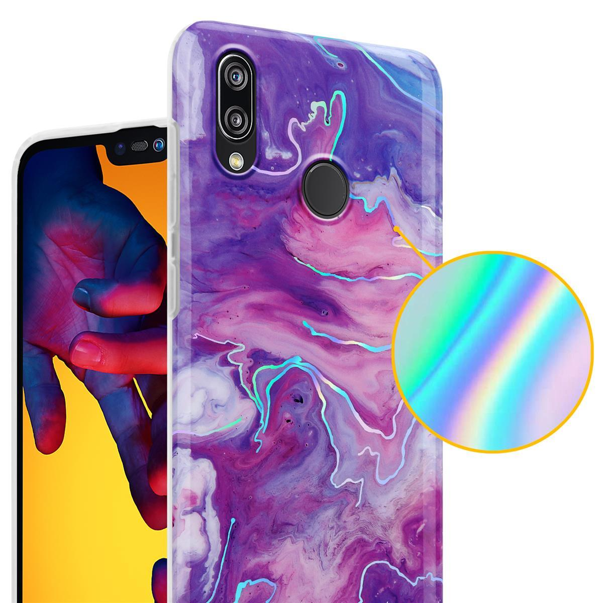 Una custodia per telefono con un design a marmo viola. Un primo piano mostra un riflesso arcobaleno.