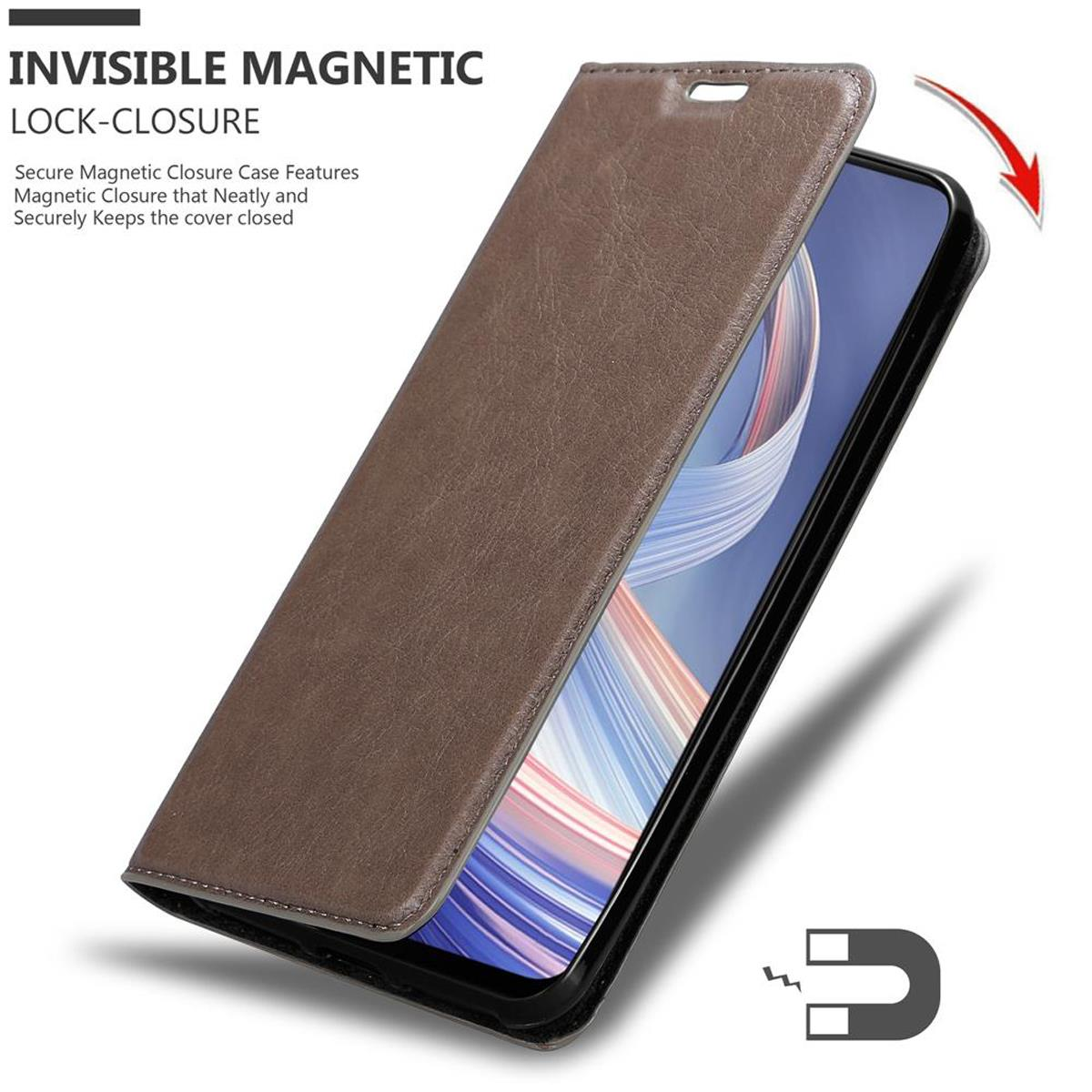 Braune Handyhülle offen. Telefon innen. Magnetverschluss. Detail des Magnetverschlusses.