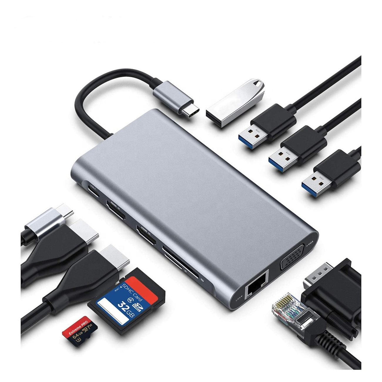 Ein silberner USB-Hub mit verschiedenen Anschlüssen und angeschlossenen Kabeln und Geräten.