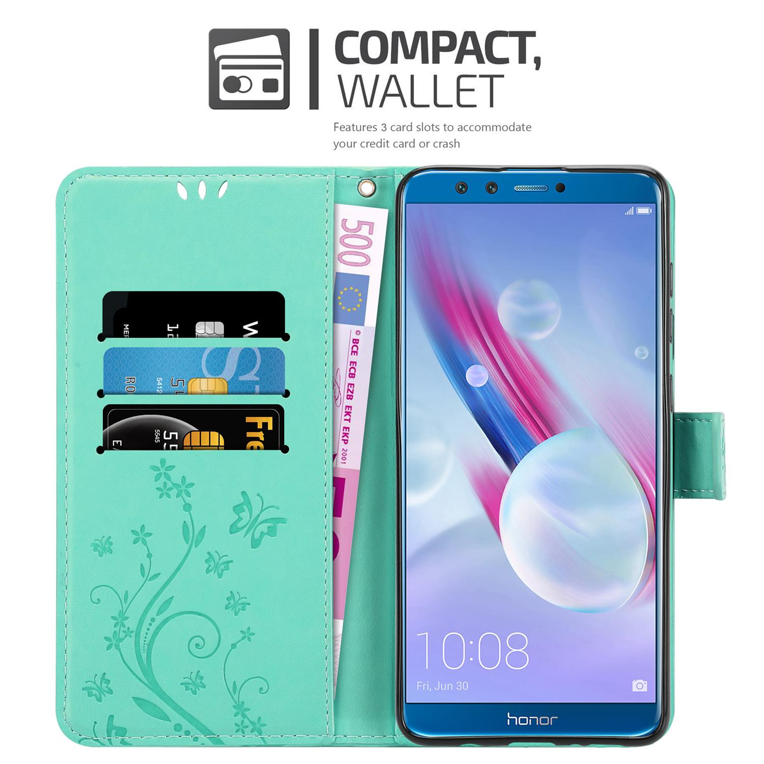 Custodia teal per telefono con telefono all'interno. Banconote e carte visibili. Testo: Portafoglio compatto.
