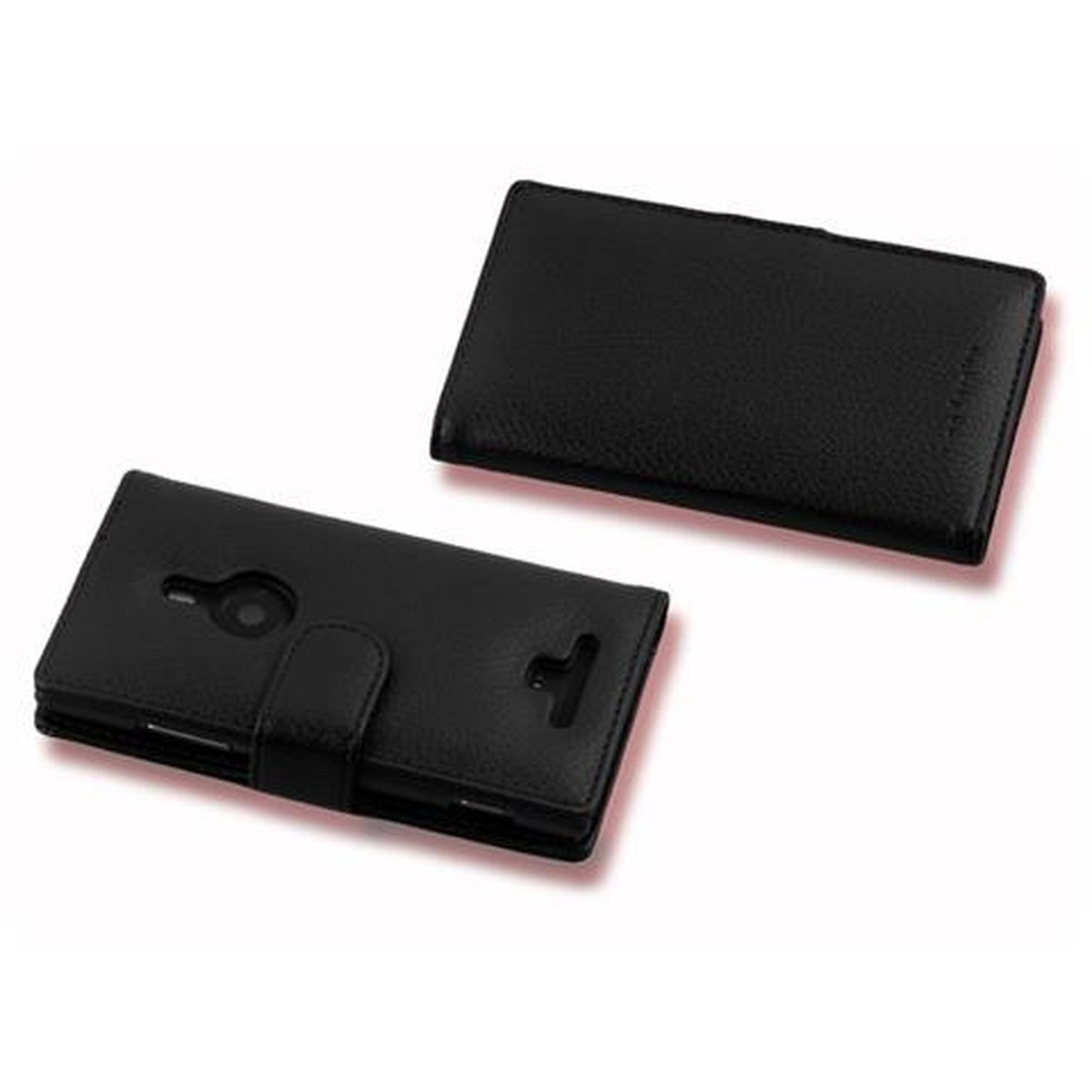 Zwei schwarze Handyhüllen im Brieftaschenstil, eine offen und eine geschlossen, auf weißer Oberfläche.