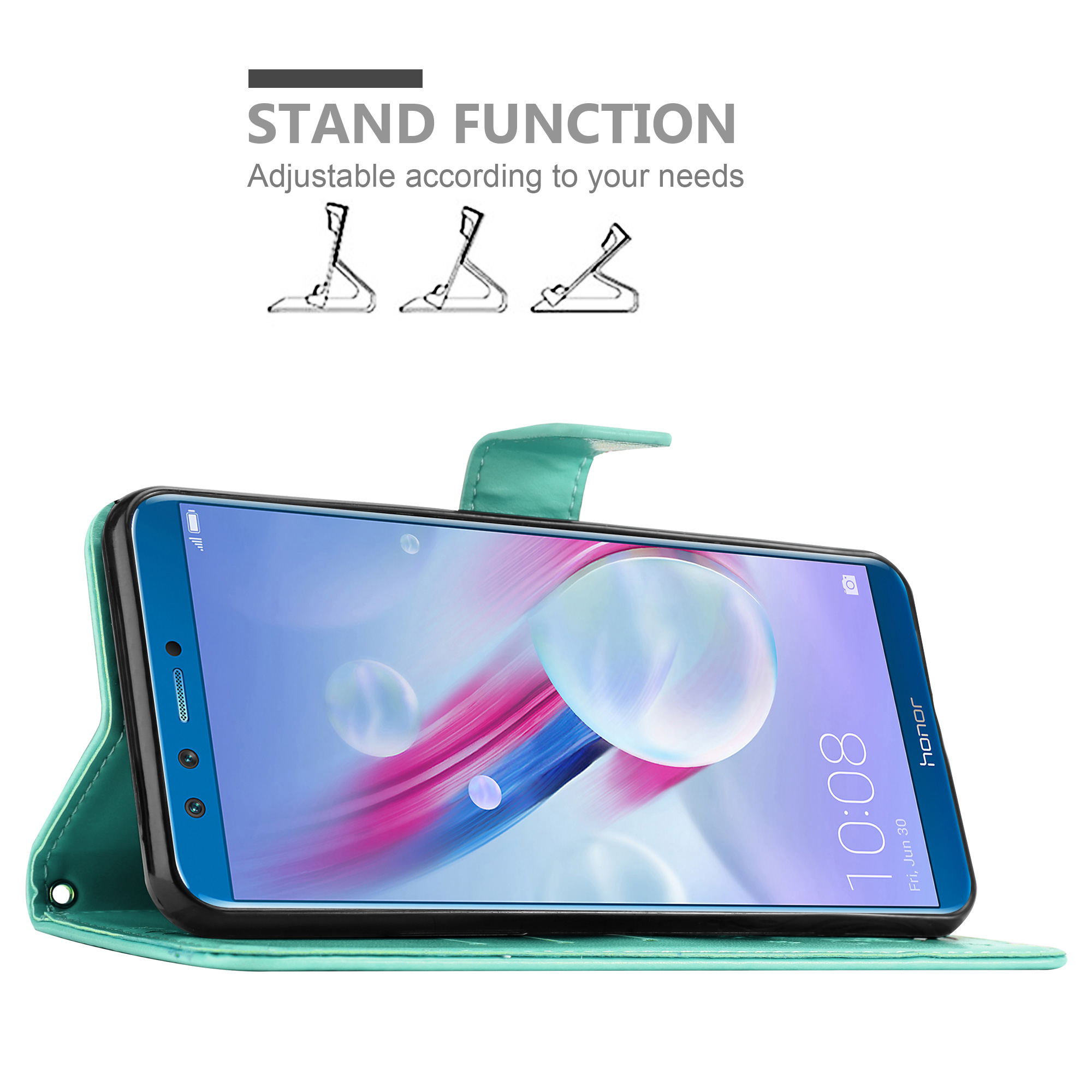 Un telefono in una custodia turchese, aperto per visualizzare lo schermo. Icone della funzione stand sopra.