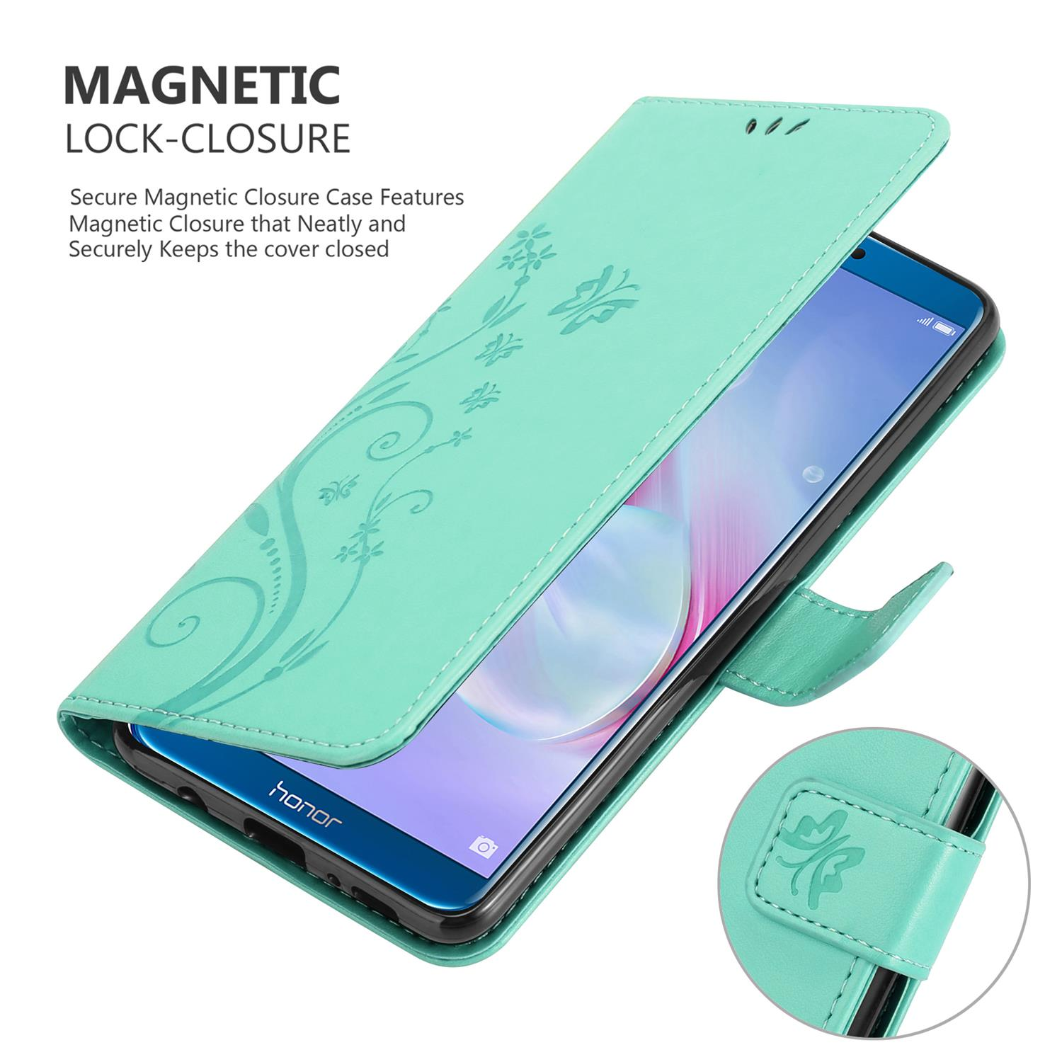 Custodia per telefono verde, aperta, con telefono all'interno. La custodia ha disegni floreali. Chiusura magnetica visibile.