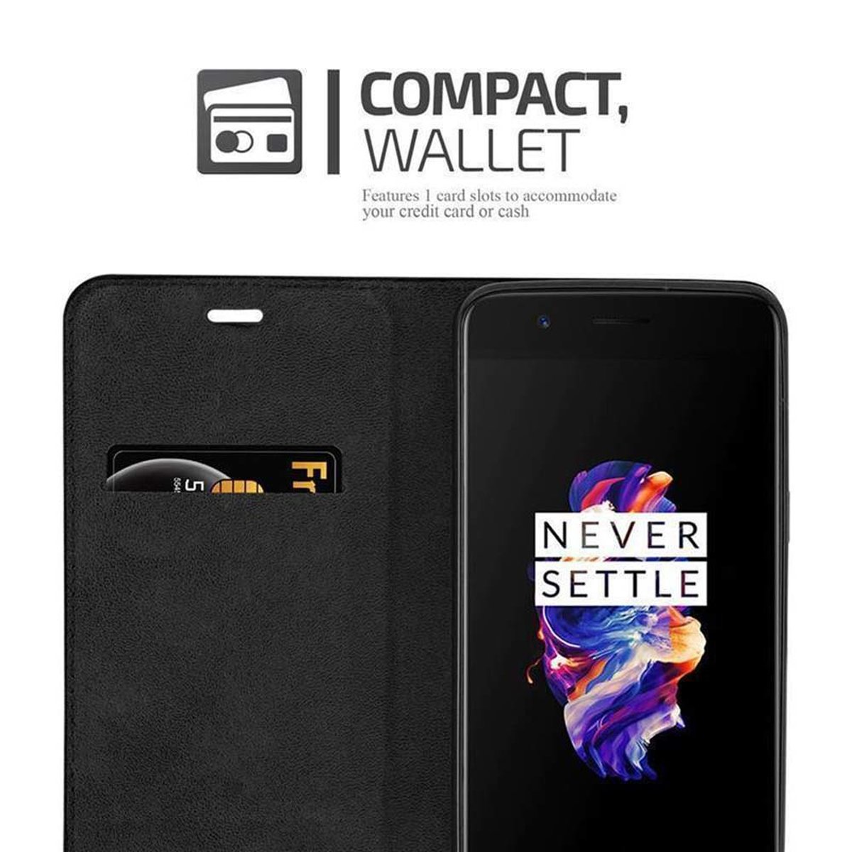 Custodia nera, aperta, con carta e telefono. Testo: Compatto, portafoglio. Testo Never Settle.