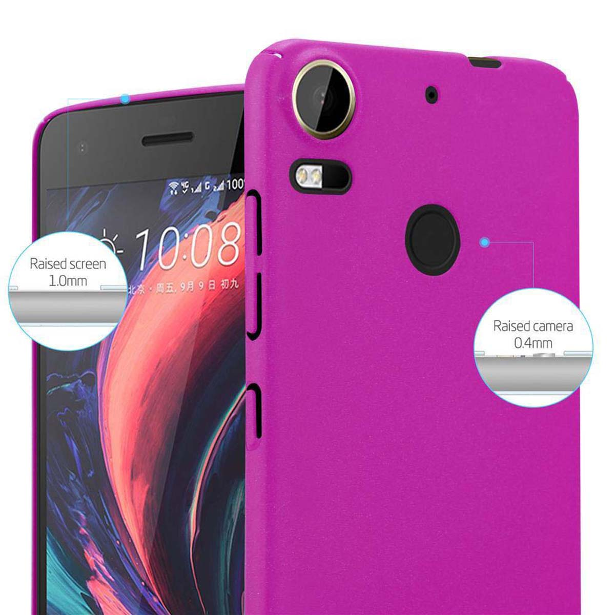 Custodia viola con telefono. Testo: Schermo rialzato 1,0 mm, fotocamera rialzata 0,4 mm, telefono dentro.