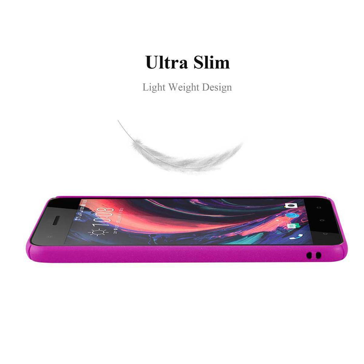 Un telefono sottile e viola in una custodia è posizionato orizzontalmente. Un grafico a forma di piuma fluttua sopra. Il testo dice 'Ultra Slim'.