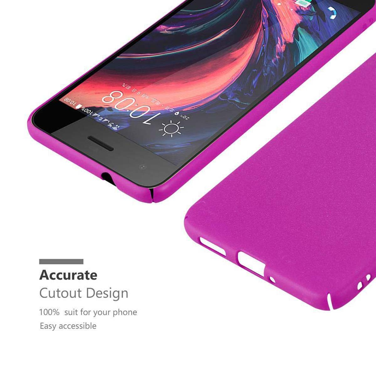 Custodia per telefono viola, telefono di lato. Il testo dice Design preciso dei ritagli, adatto al 100% al tuo telefono.