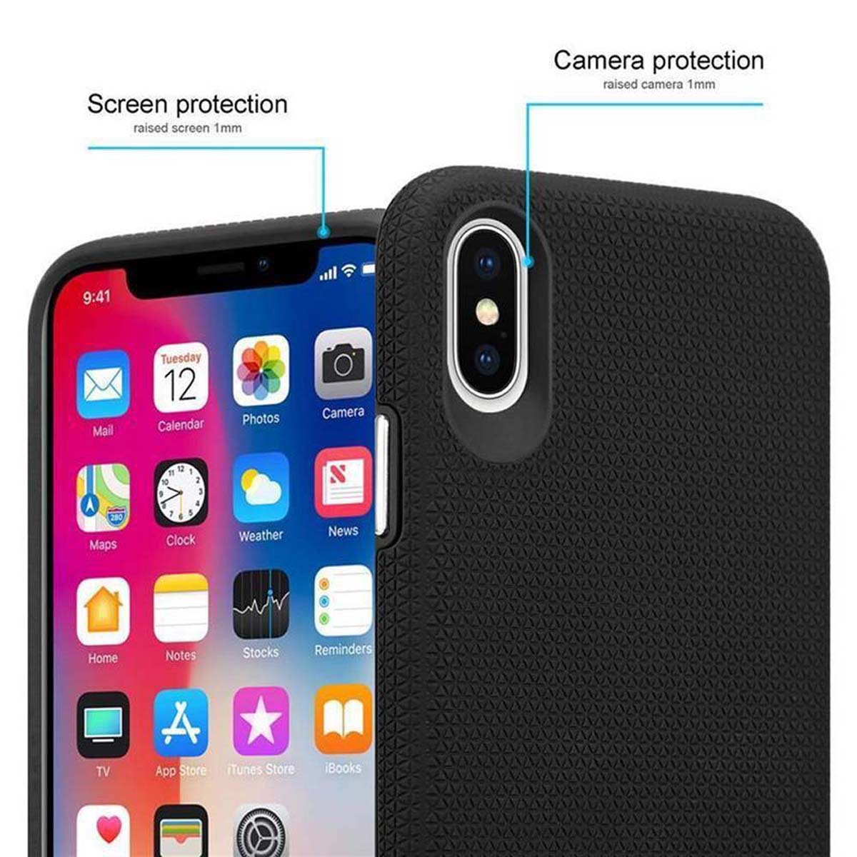 Custodia nera con telefono che mostra icone di app e ora.