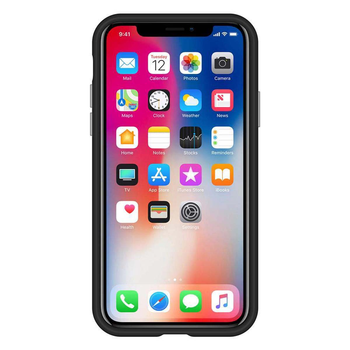 Un iPhone nero con icone di app sullo schermo, su uno sfondo bianco.