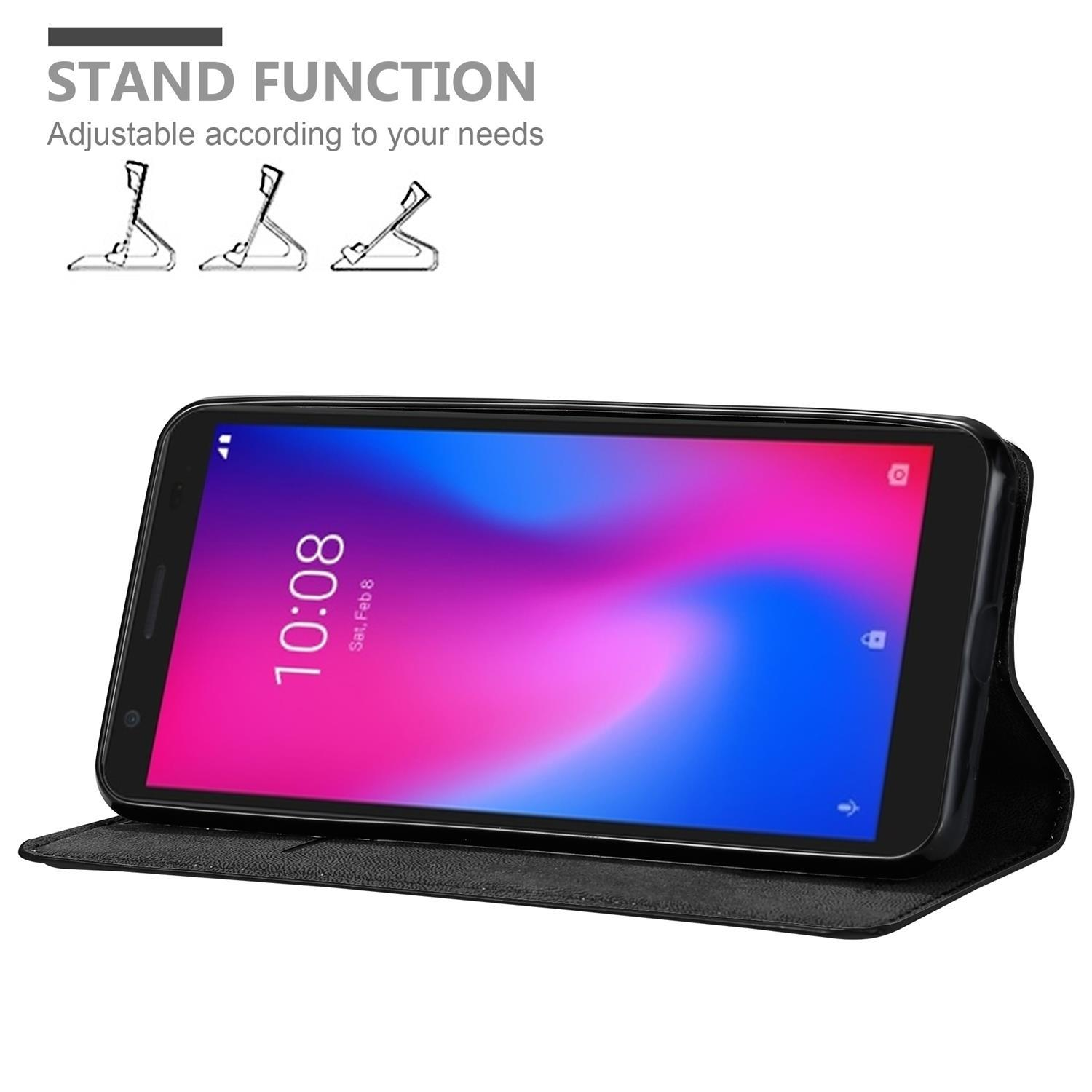 Schwarze Handyhülle mit Telefon, das einen blau-roten Bildschirm zeigt. Text: 'Standfunktion'.