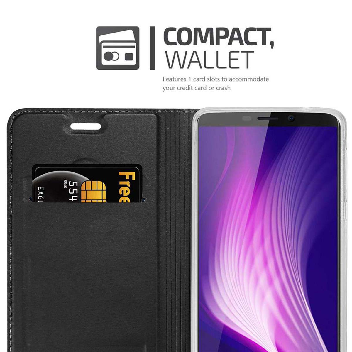 Handyhülle mit Kartenfach. Karte im Steckplatz. Text 'COMPACT, WALLET'.